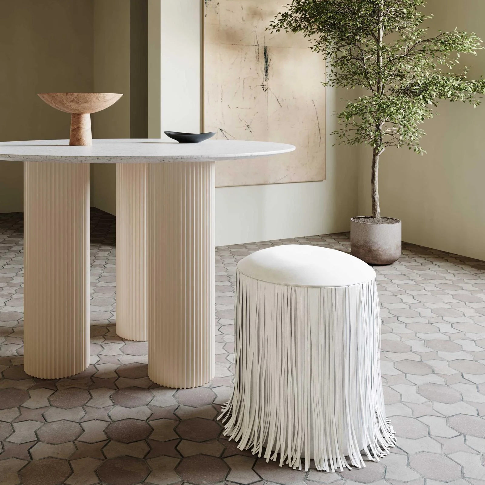 Shag Me Ivory Performance Vegan Leather Ottoman - Image 2