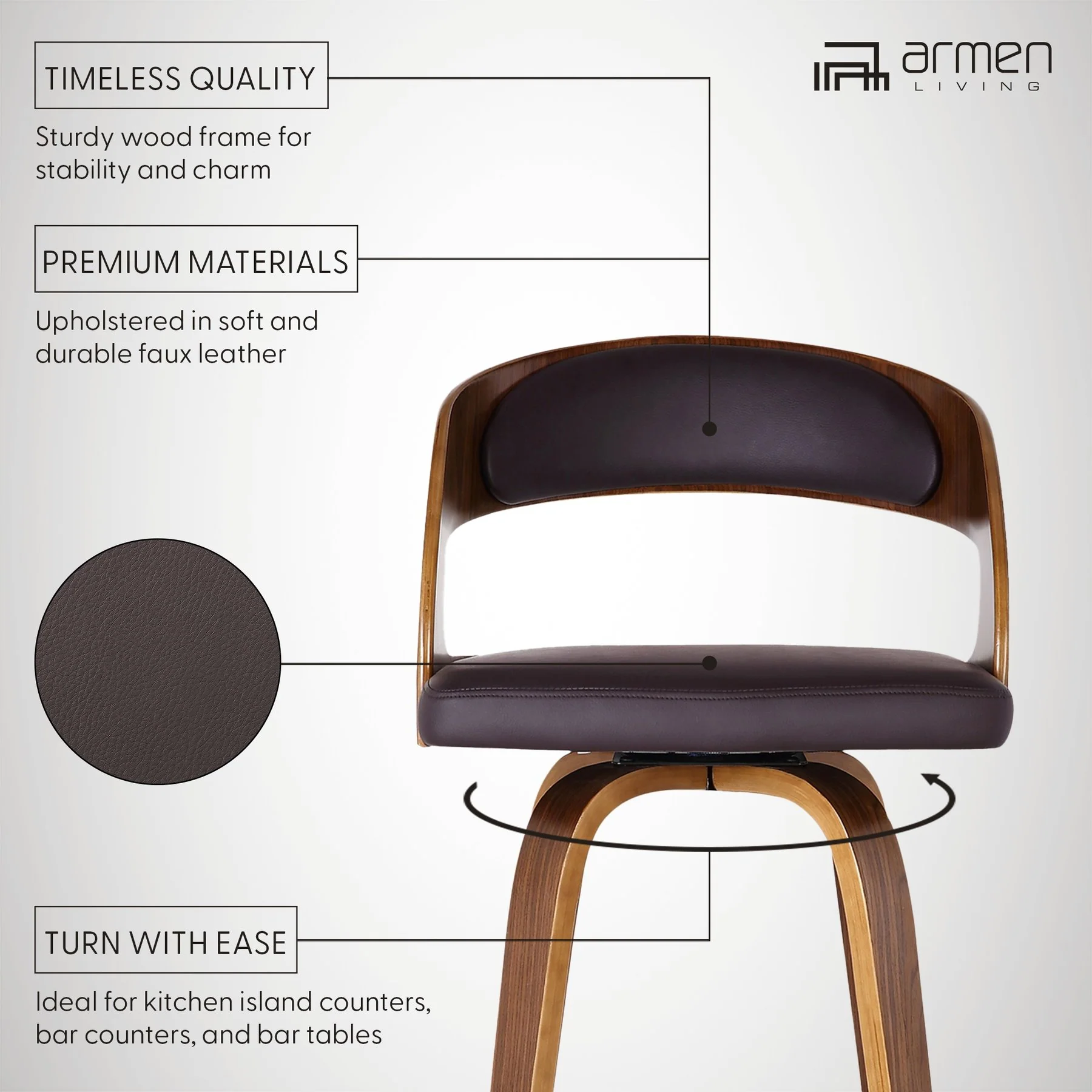 Shelly 30" Bar Height Swivel Brown Faux Leather and Walnut Wood Bar Stool - Image 8