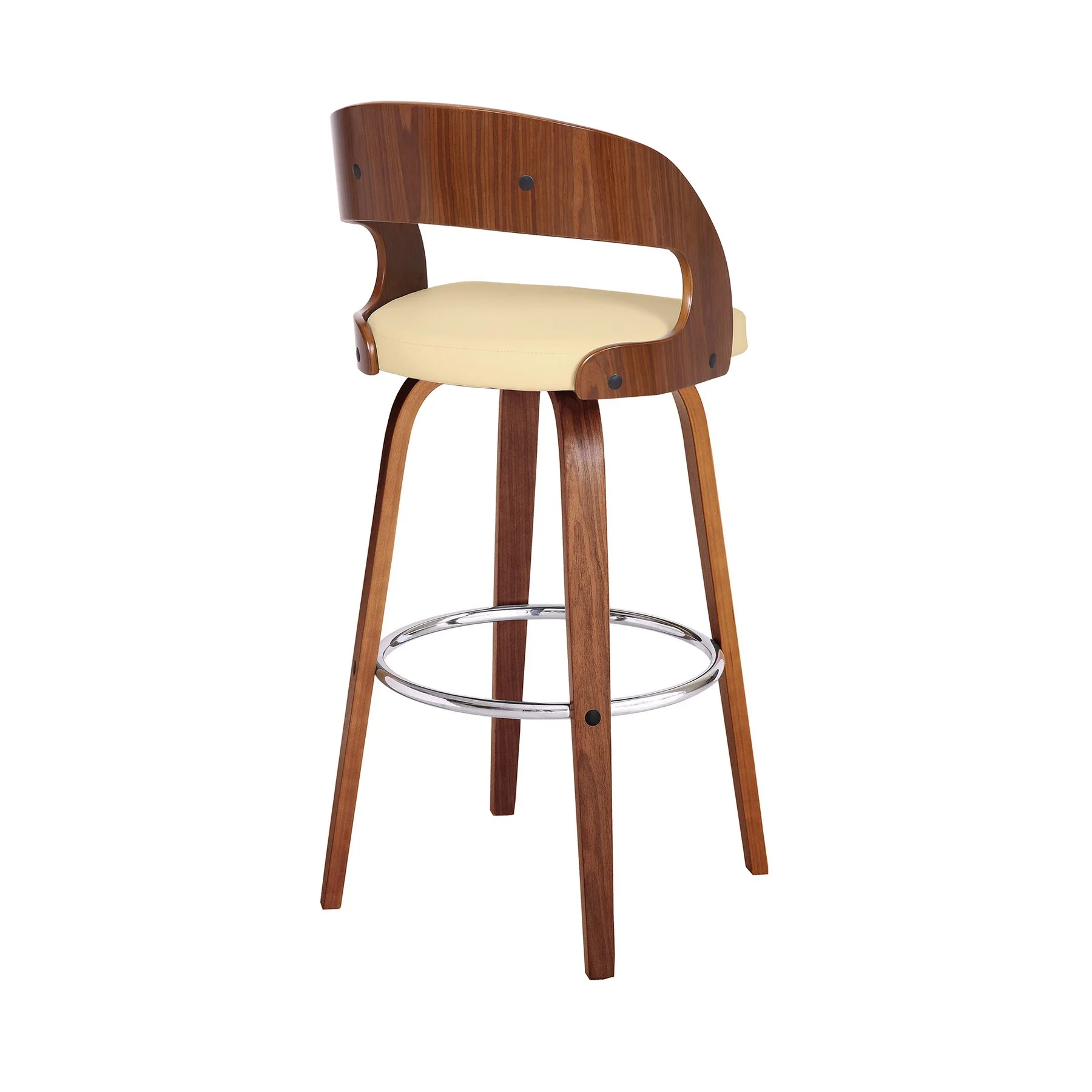 Shelly 30" Bar Height Swivel Cream Faux Leather and Walnut Wood Bar Stool - Image 4