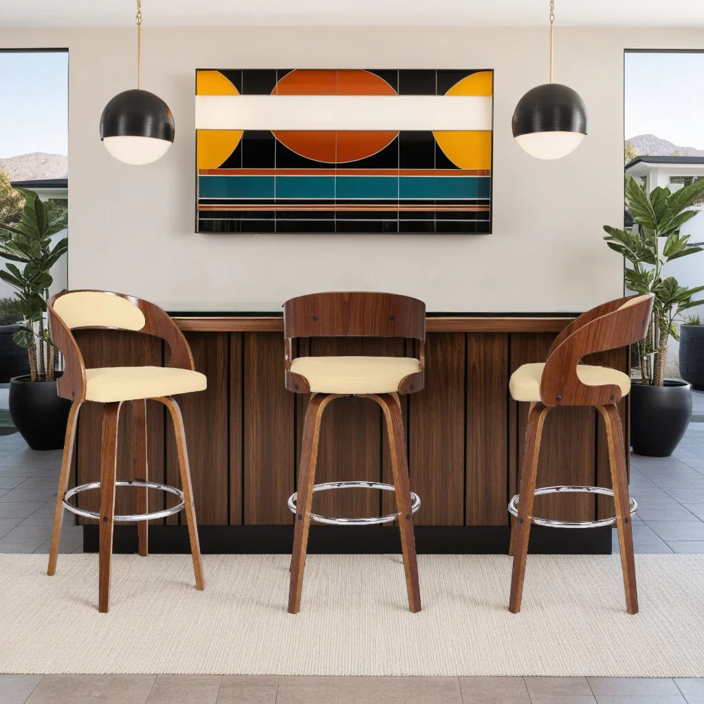 Shelly 30" Bar Height Swivel Cream Faux Leather and Walnut Wood Bar Stool - Image 6