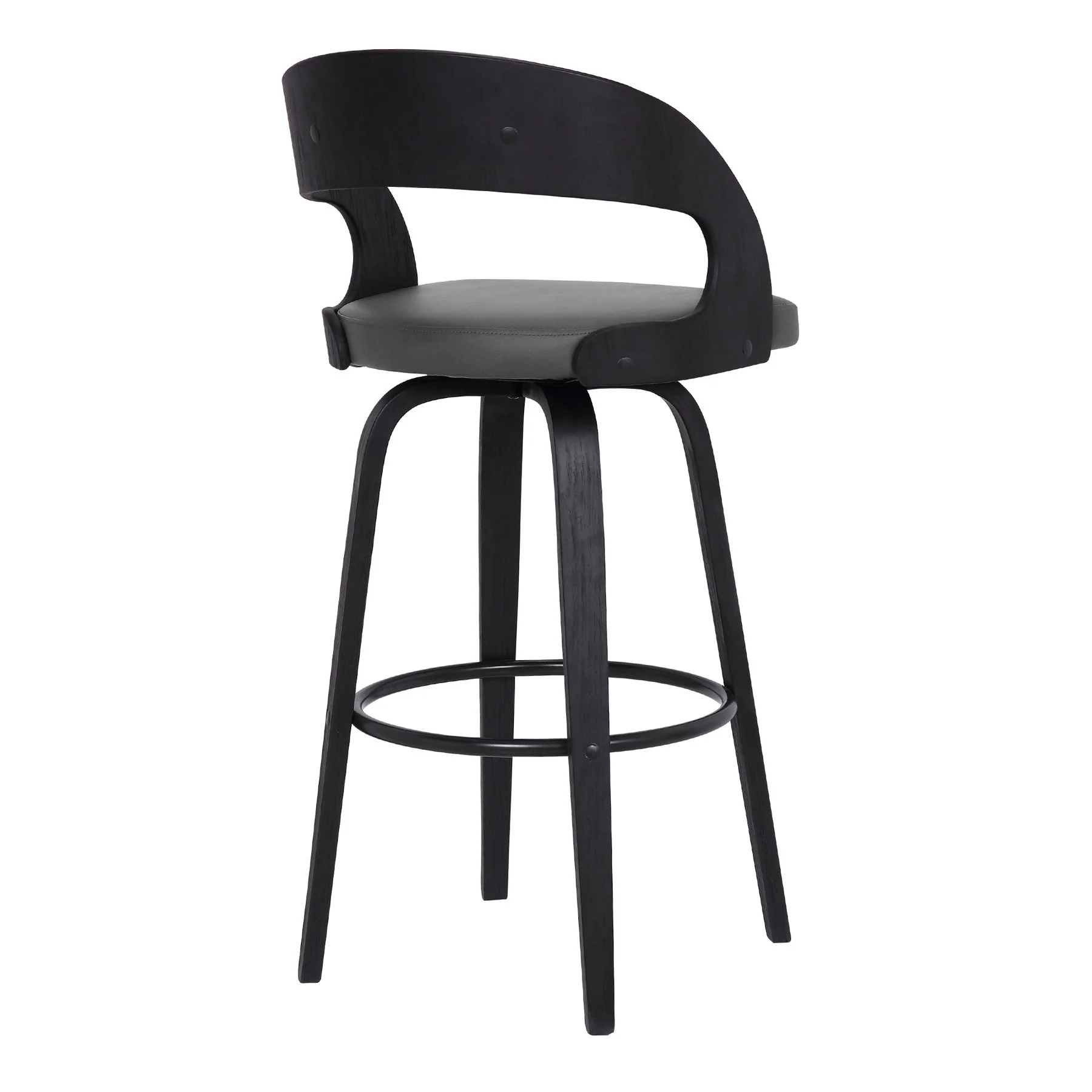 Shelly 30" Bar Height Swivel Gray Faux Leather and Black Wood Bar Stool - Image 4