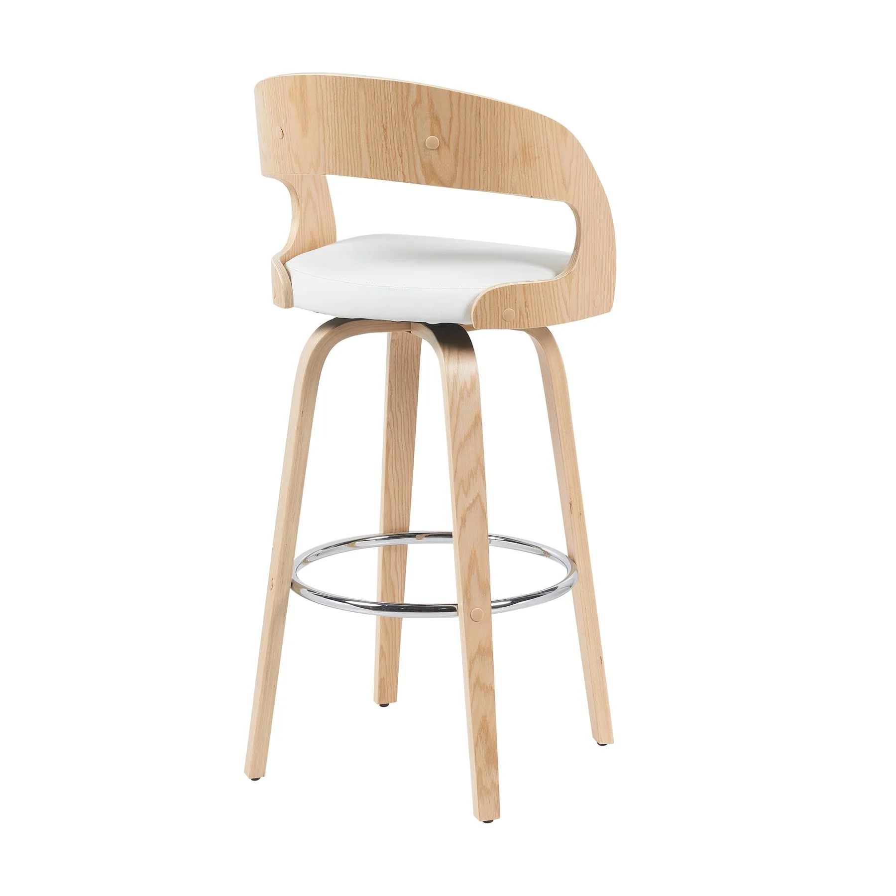 Shelly Modern Bar Height Swivel  Stool in Patterned Oak Finish with White Faux Leather Upholstered Seat - Image 3
