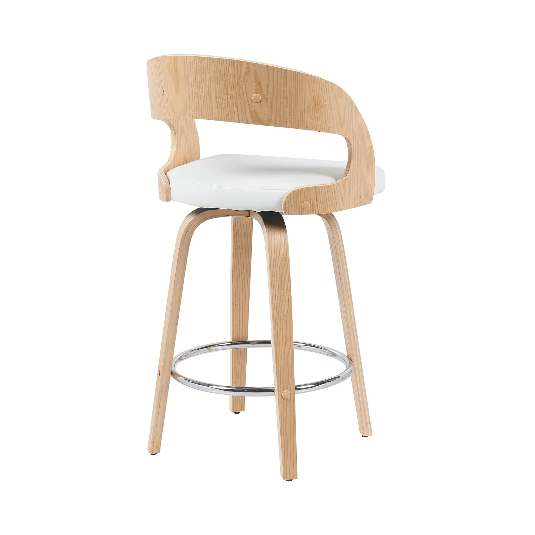 Shelly Modern Counter Height Swivel  Bar Stool in Patterned Oak Finish with White Faux Leather Upholstered Seat - Image 3
