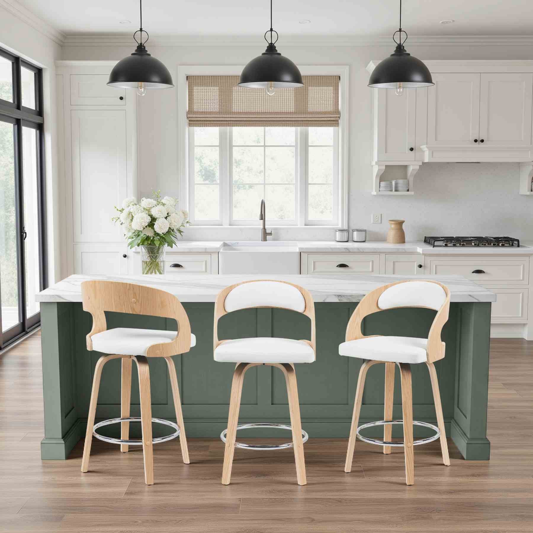 Shelly Modern Counter Height Swivel  Bar Stool in Patterned Oak Finish with White Faux Leather Upholstered Seat - Image 8