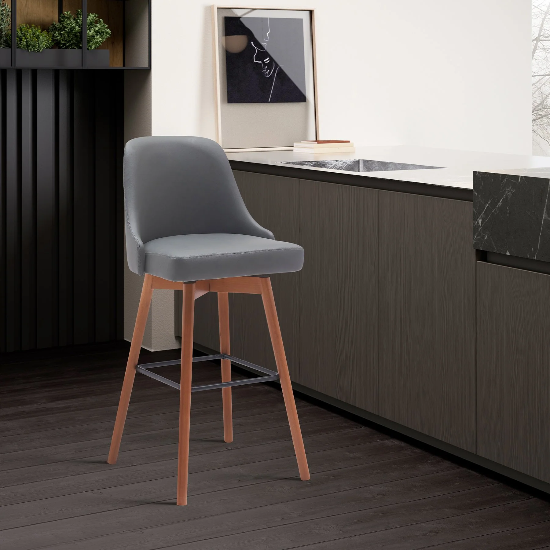 Sicily 26" Swivel Walnut Wood Counter Stool in Gray Faux Leather - Image 8