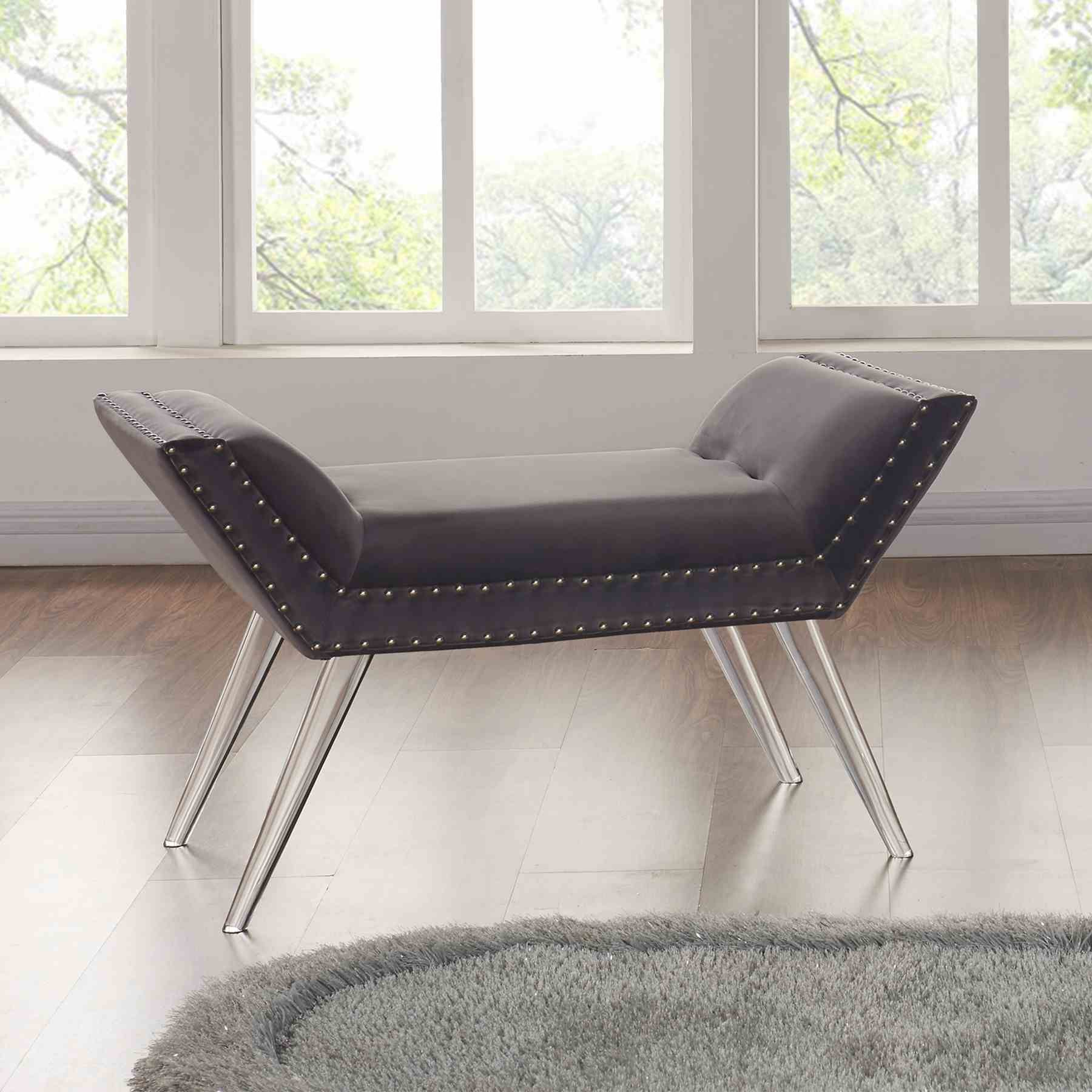 Silas Ottoman Bench in Gray Tufted Velvet with Nailhead Trim and Acrylic Legs - Image 2