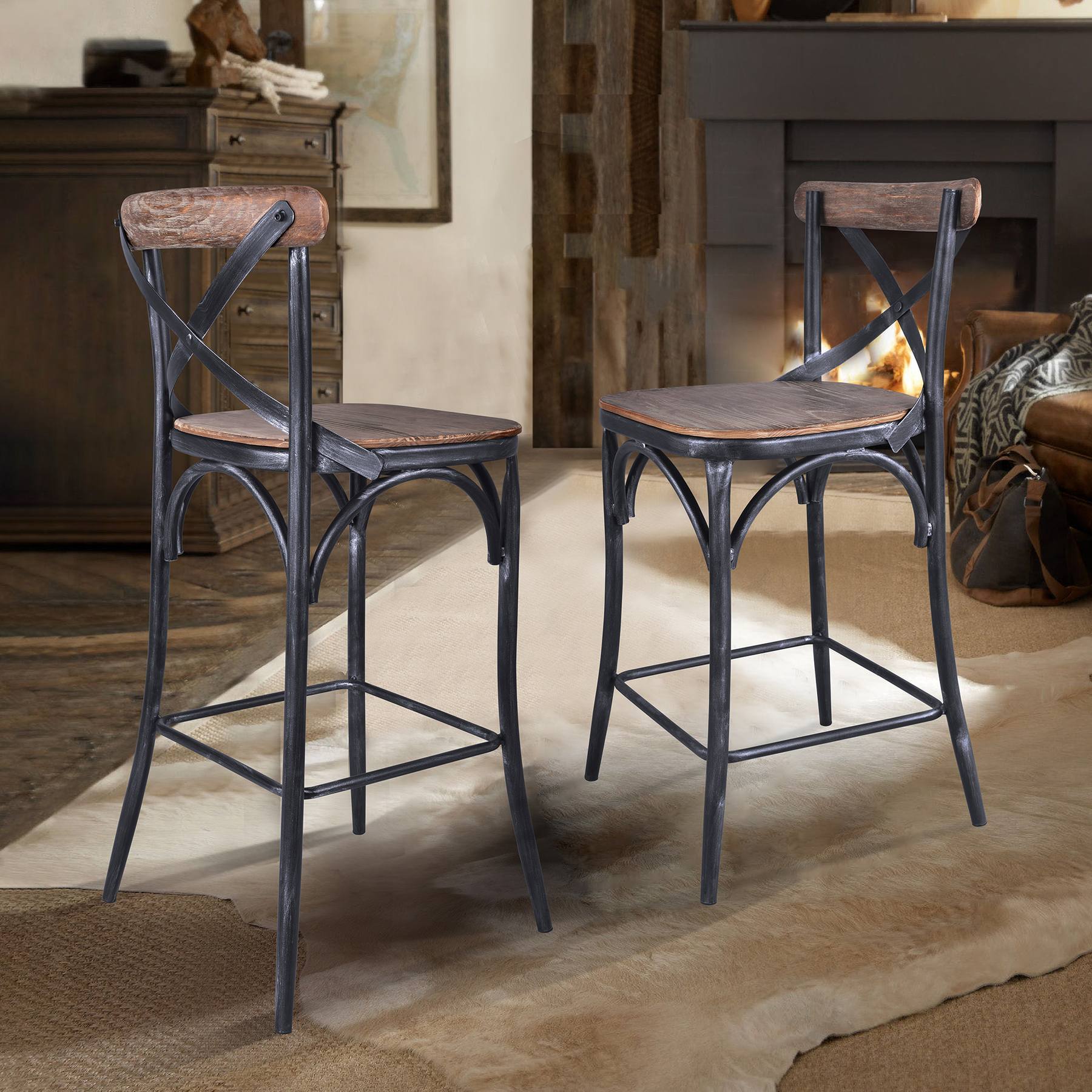 Sloan 26” Industrial Gray and Pine Wood X-Back Counter Height Counter Stool - Image 5