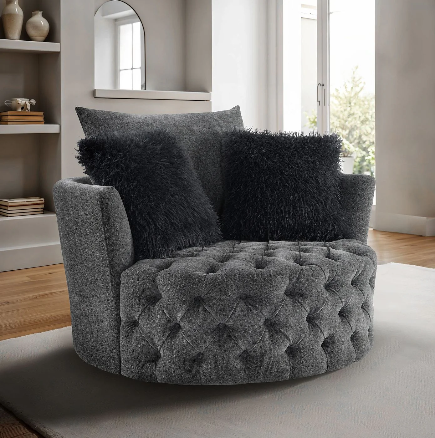 Sofi Swivel Chair, Button Tufted, Light Gray - Image 2