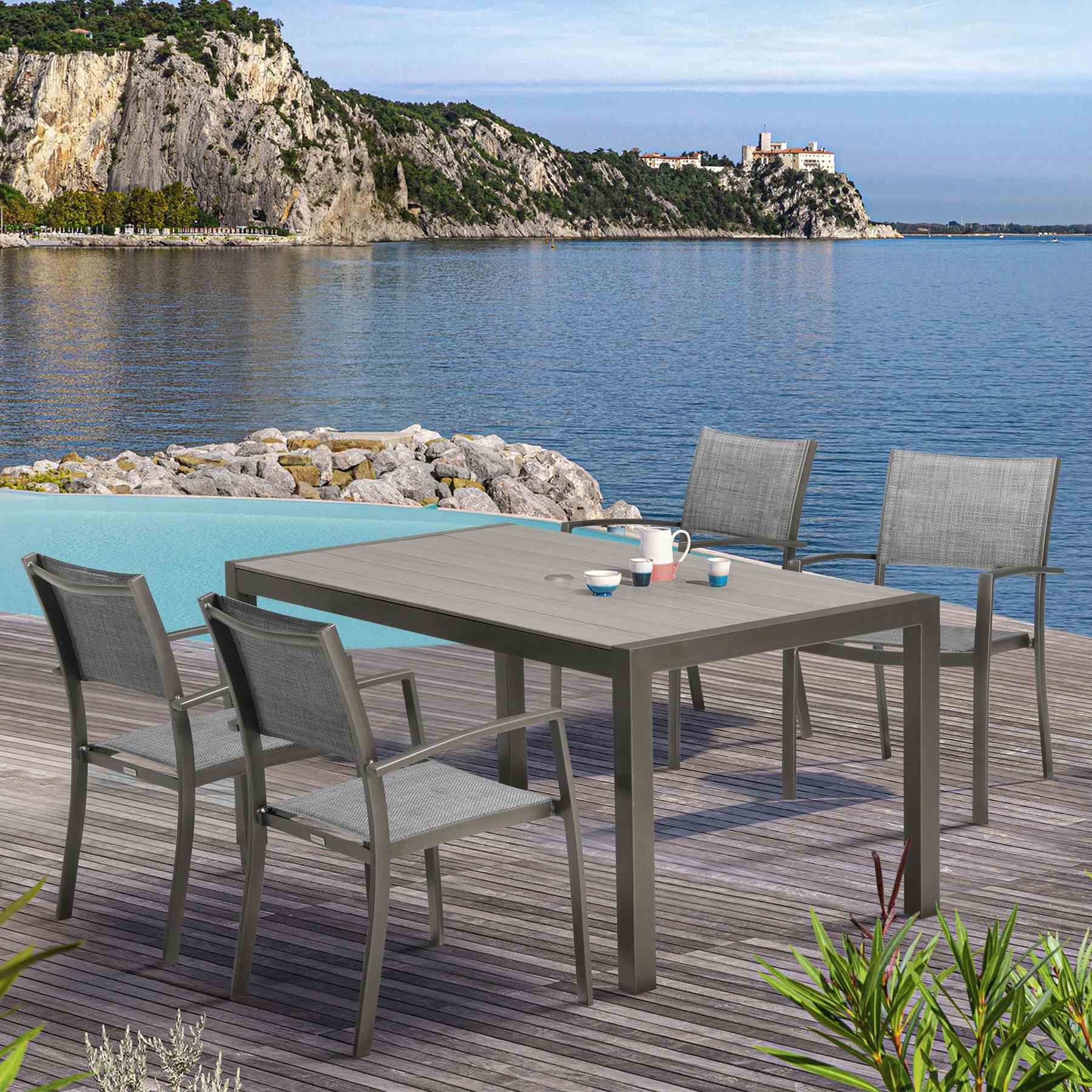 Solana 5 piece Outdoor Aluminum Dining Set in Cosmos Gray Finish with Wood Top - Image 9
