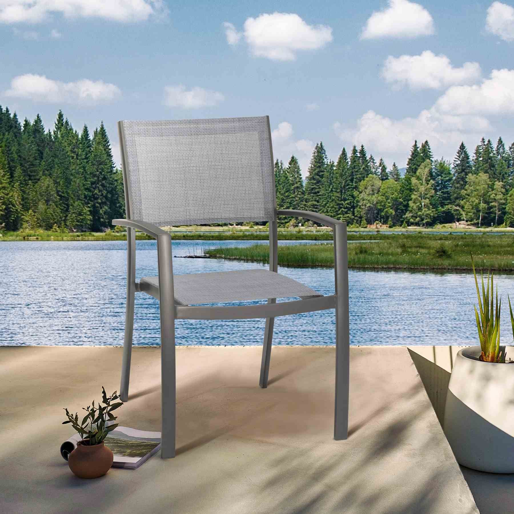 Solana Outdoor Aluminum Arm Dining Chairs in Cosmos Gray Finish - Set of 2 - Image 6