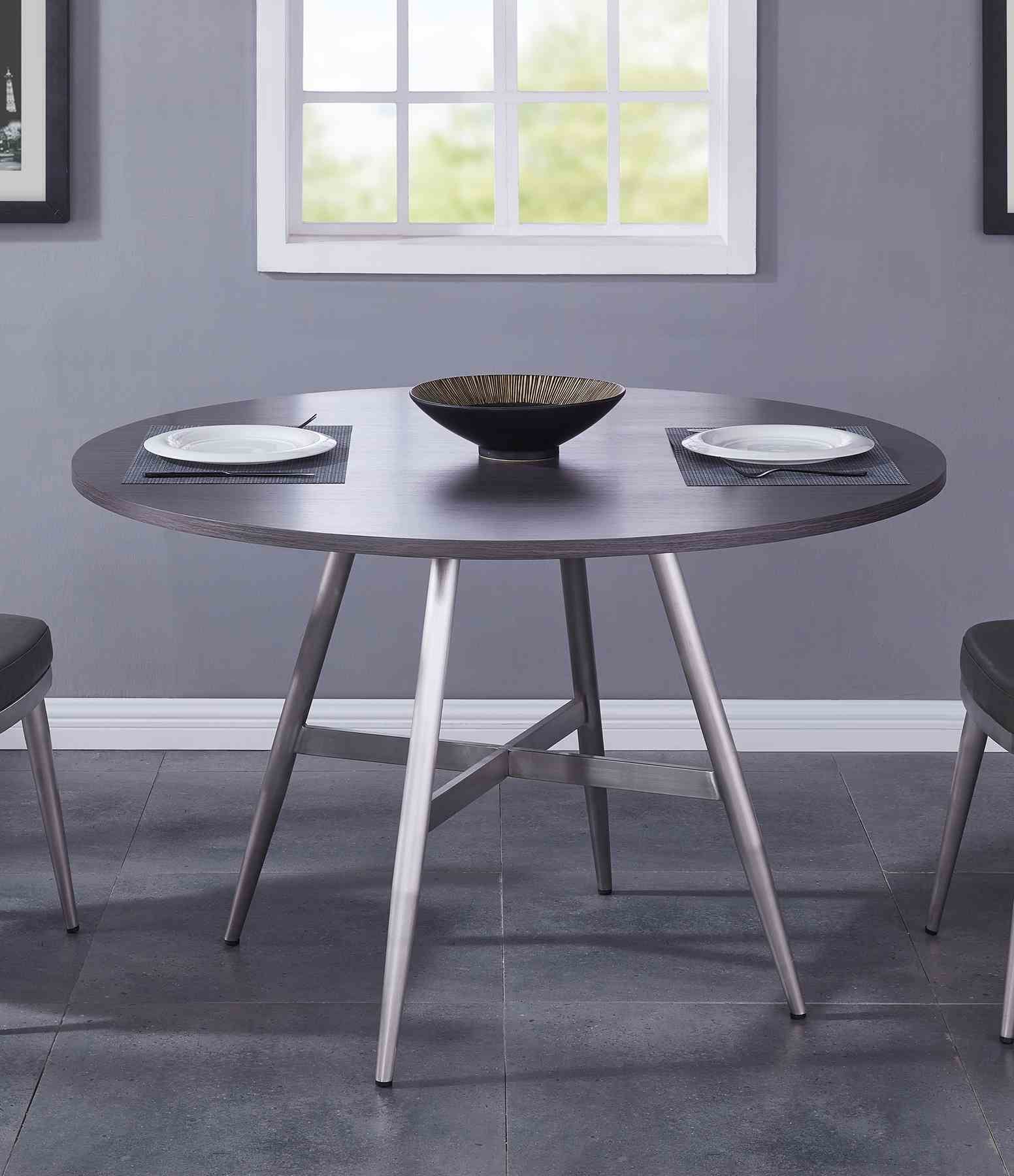 Soleil Contemporary Dining Table in Brushed Stainless Steel and Gray Walnut Top - Image 5