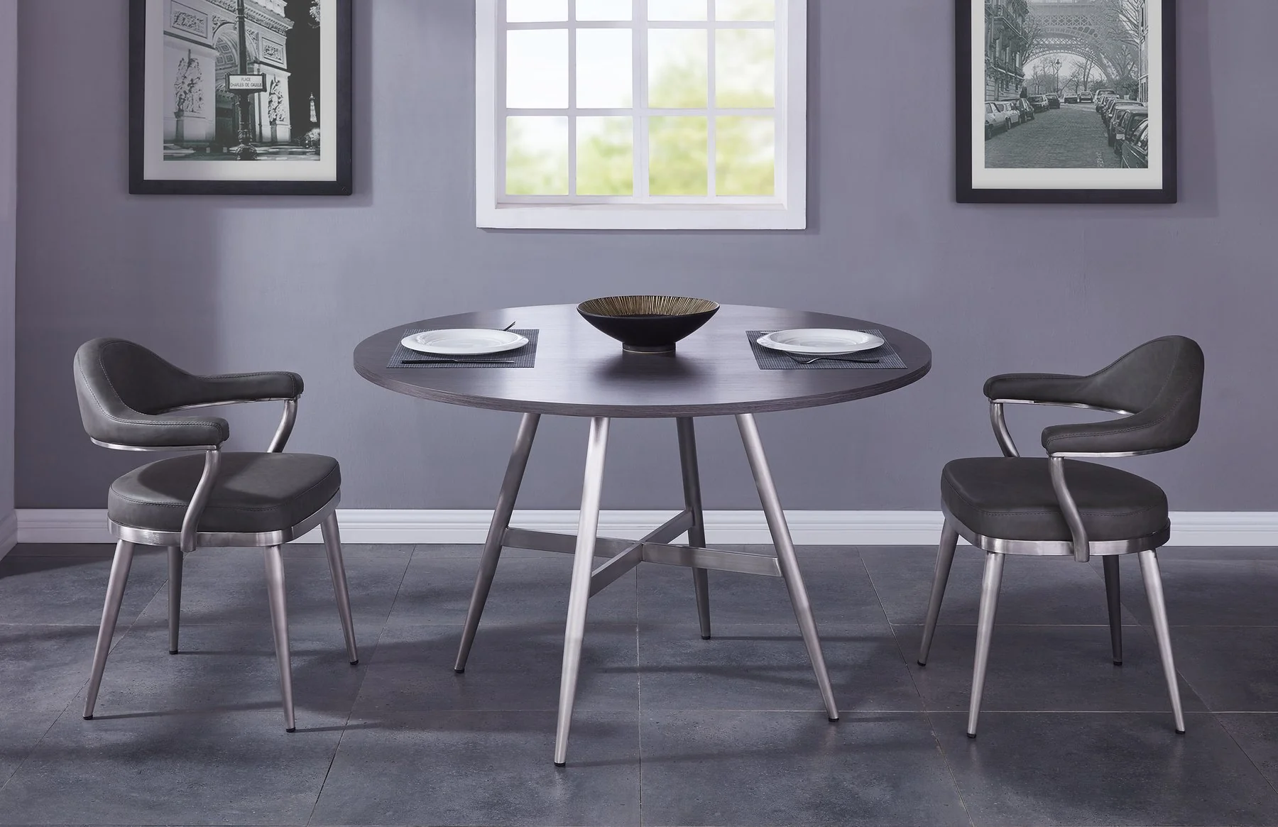 Soleil Contemporary Dining Table in Brushed Stainless Steel and Gray Walnut Top - Image 6