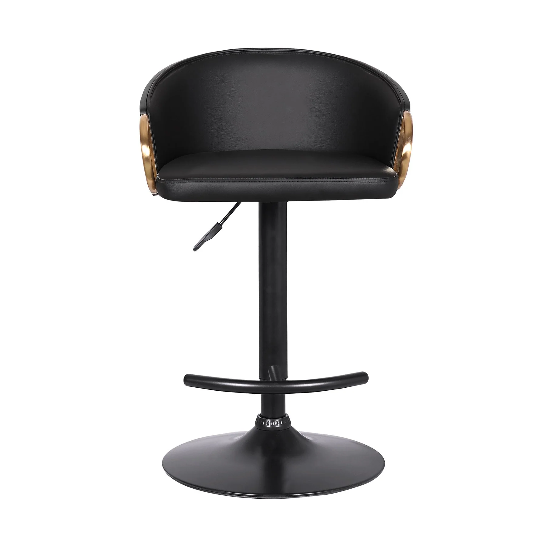 Solstice Adjustable Black Faux Leather Swivel Barstool With Black Powder Coated Finish and Gold Accents - Image 2