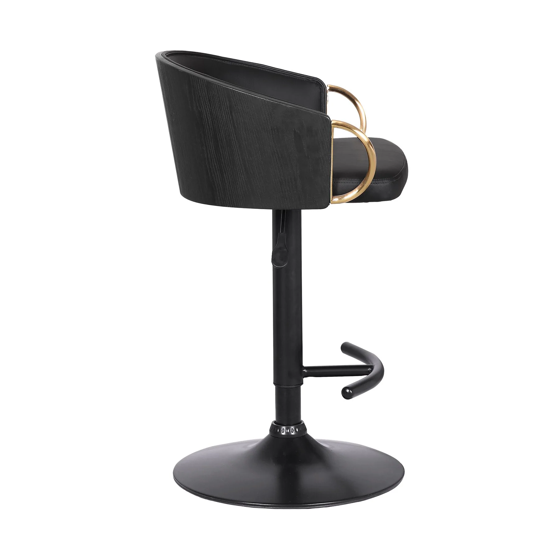 Solstice Adjustable Black Faux Leather Swivel Barstool With Black Powder Coated Finish and Gold Accents - Image 3