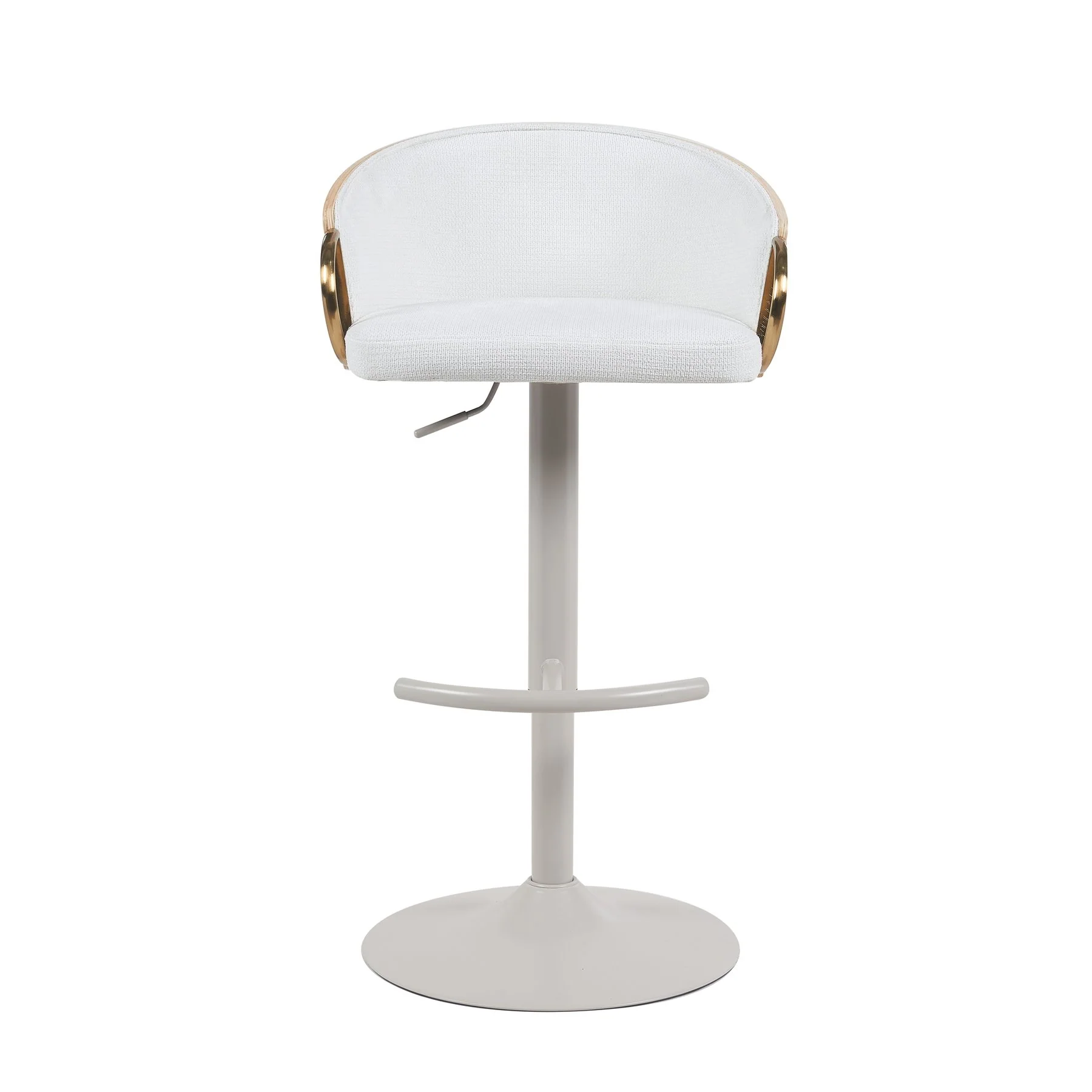 Solstice Modern Adjustable Swivel Barstool in Ivory Finish with White Upholstered Seat, Patterned Oak Wood Accents - Image 2