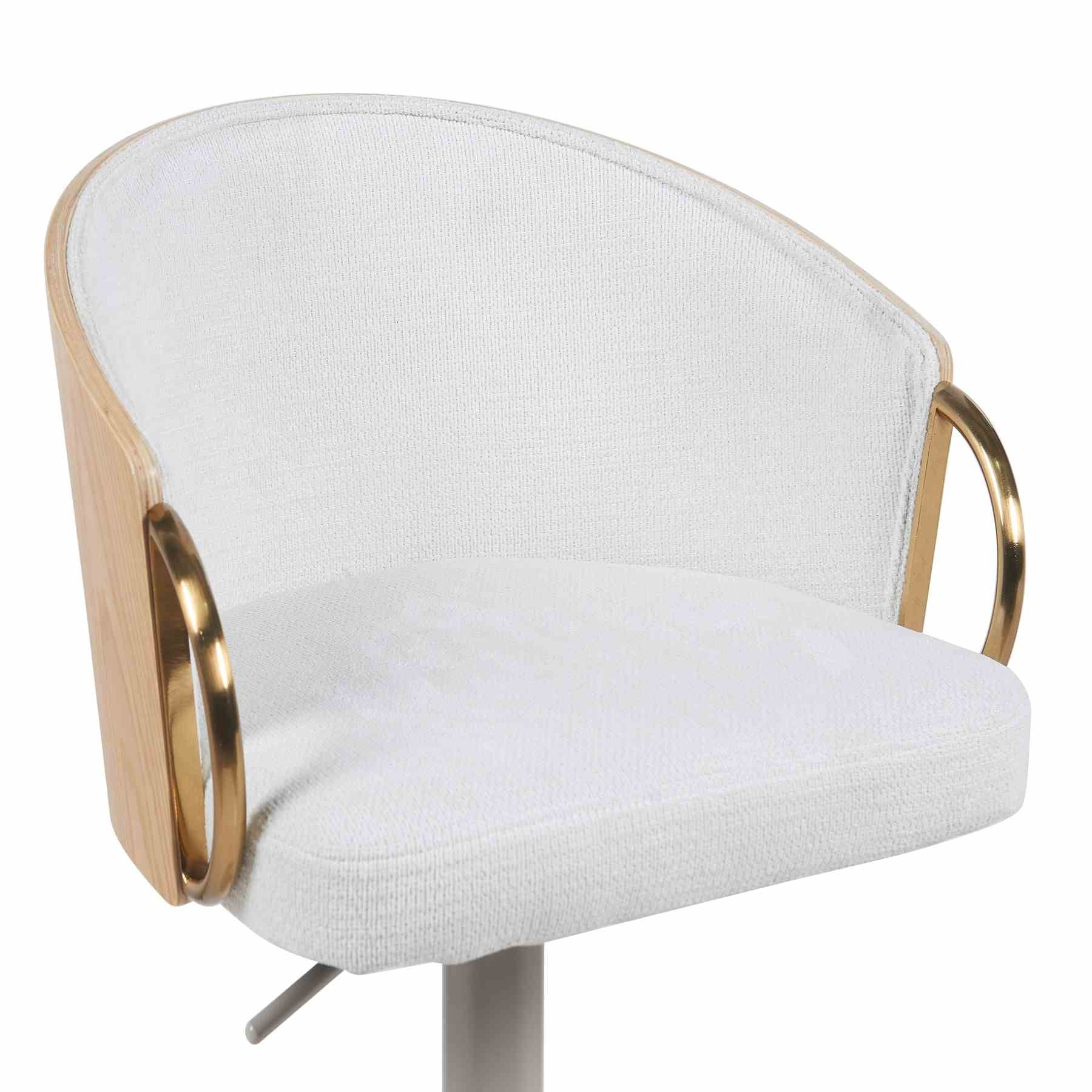 Solstice Modern Adjustable Swivel Barstool in Ivory Finish with White Upholstered Seat, Patterned Oak Wood Accents - Image 4