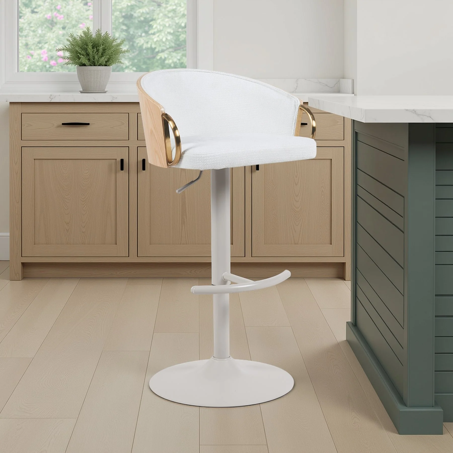 Solstice Modern Adjustable Swivel Barstool in Ivory Finish with White Upholstered Seat, Patterned Oak Wood Accents - Image 7