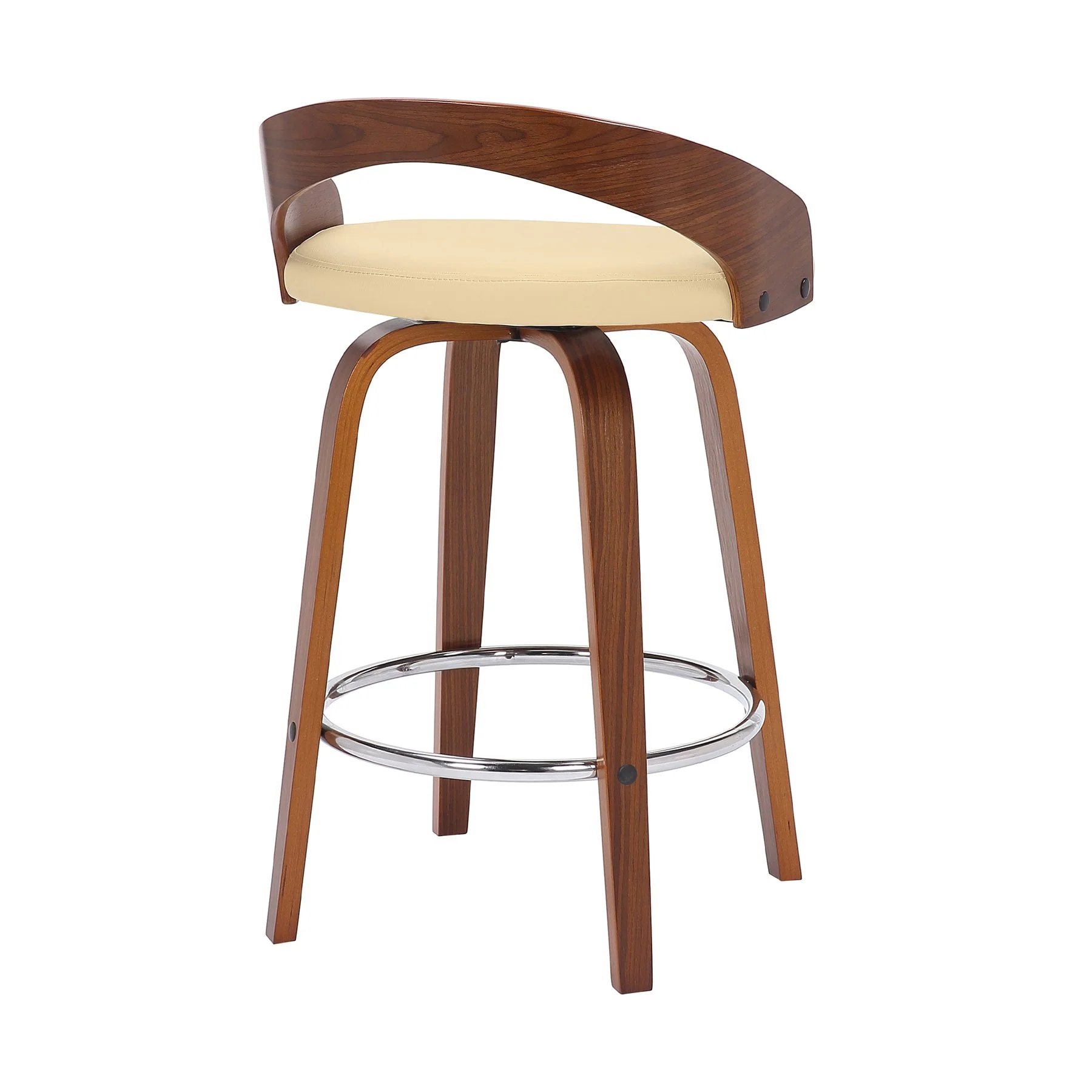 Sonia 26" Counter Height Swivel Cream Faux Leather and Walnut Wood Bar Stool - Image 4