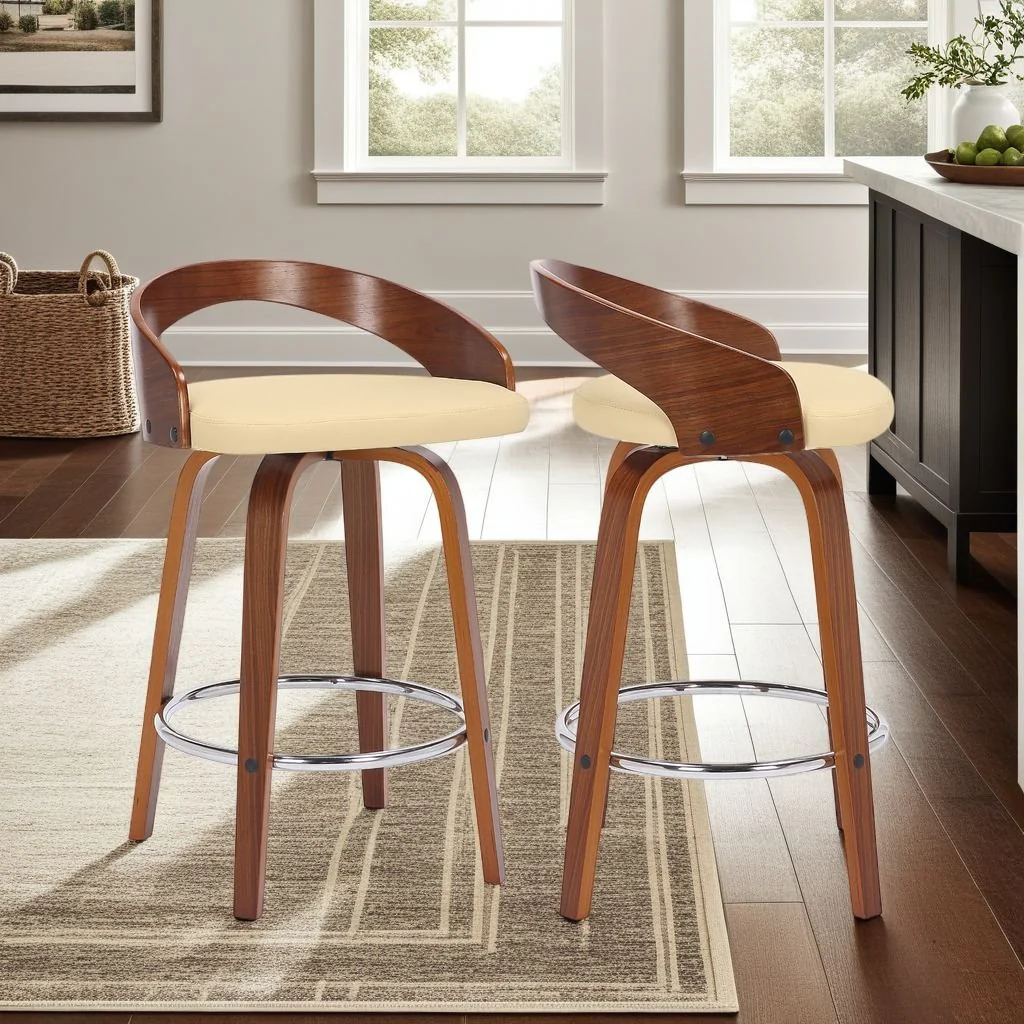 Sonia 26" Counter Height Swivel Cream Faux Leather and Walnut Wood Bar Stool - Image 9