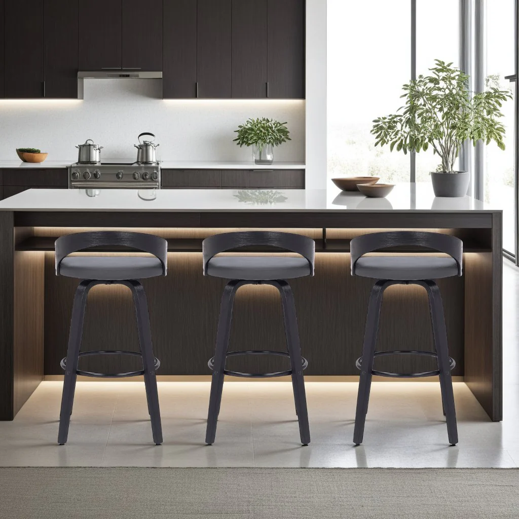 Sonia 26" Counter Height Swivel Gray Faux Leather and Black Wood Bar Stool - Image 9