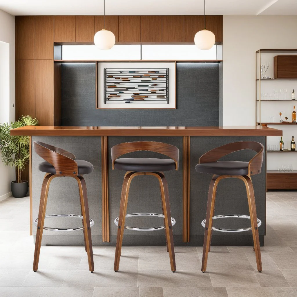 Sonia 30" Bar Height Swivel Brown Faux Leather and Walnut Wood Bar Stool - Image 8