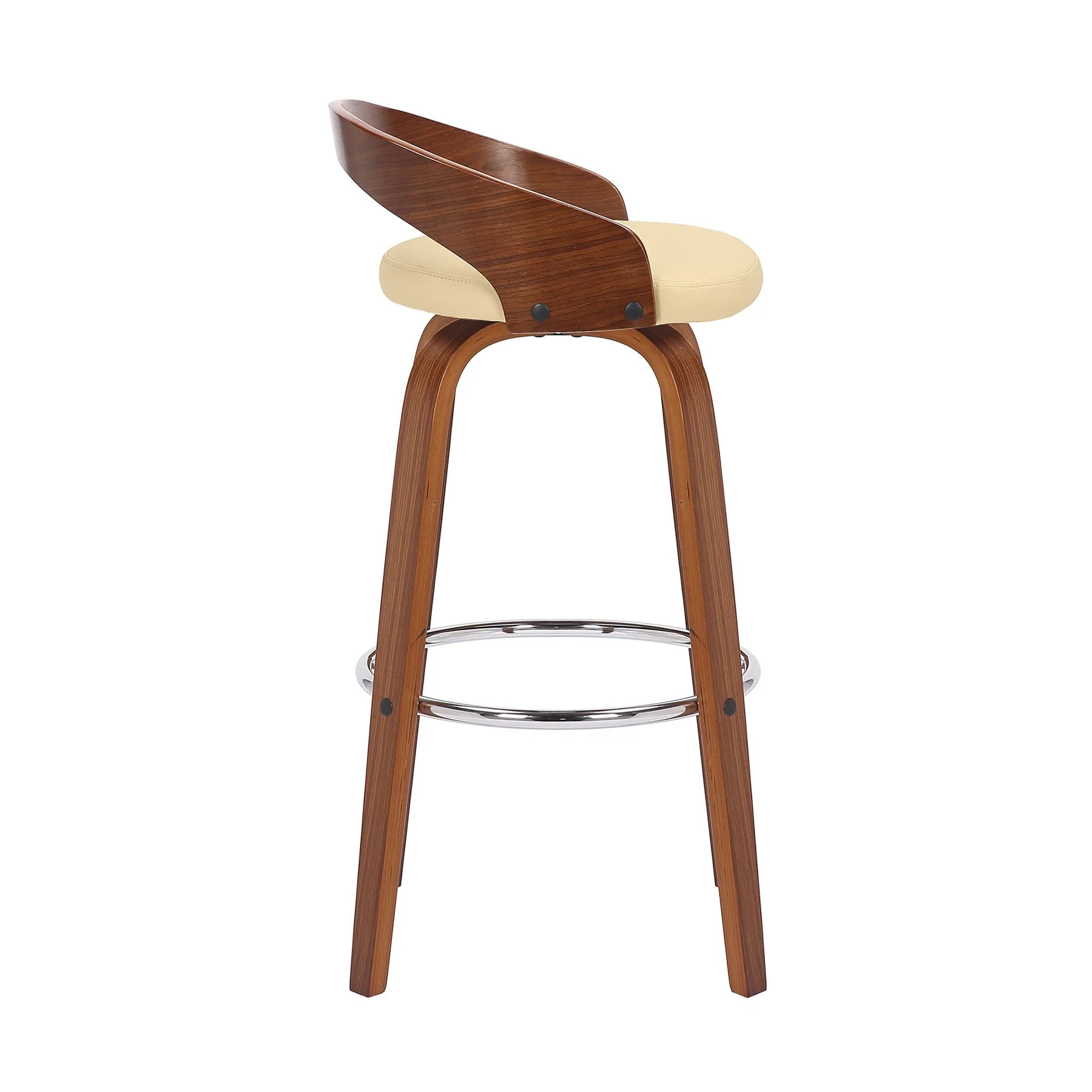 Sonia 30" Bar Height Swivel Cream Faux Leather and Walnut Wood Bar Stool - Image 3