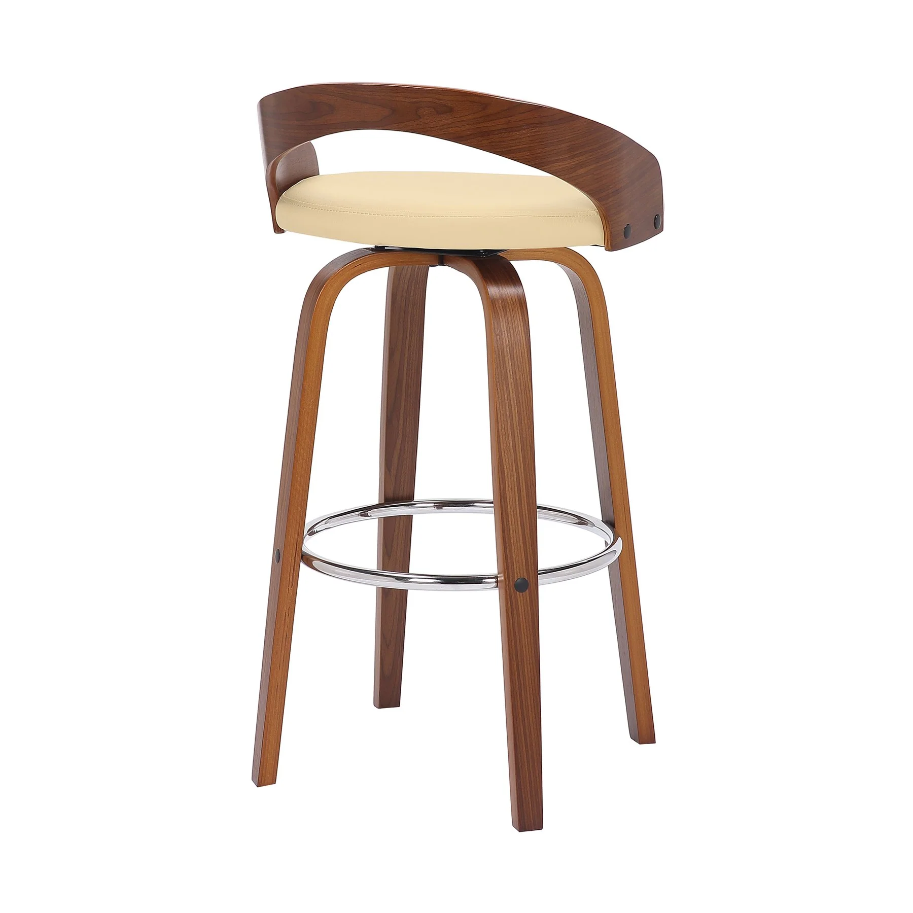 Sonia 30" Bar Height Swivel Cream Faux Leather and Walnut Wood Bar Stool - Image 4