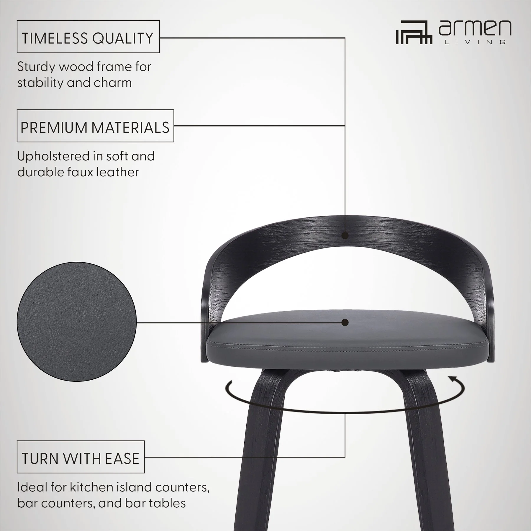 Sonia 30" Bar Height Swivel Gray Faux Leather and Black Wood Bar Stool - Image 10