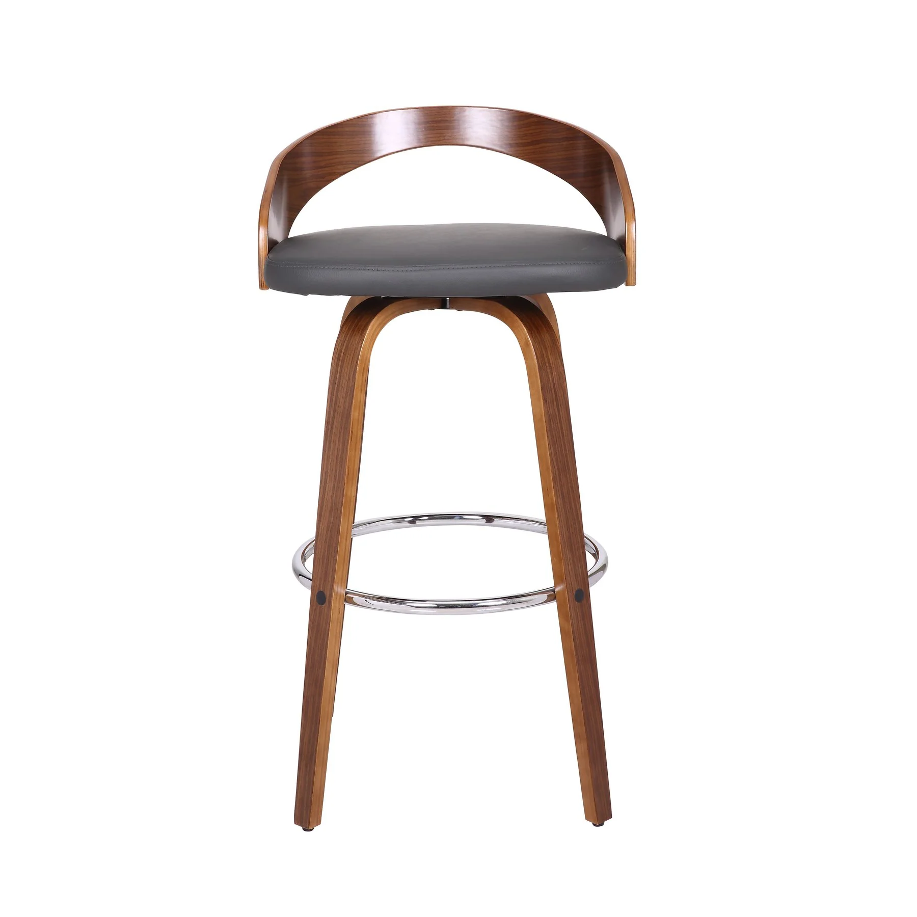 Sonia 30" Bar Height Swivel Gray Faux Leather and Walnut Wood Bar Stool - Image 2
