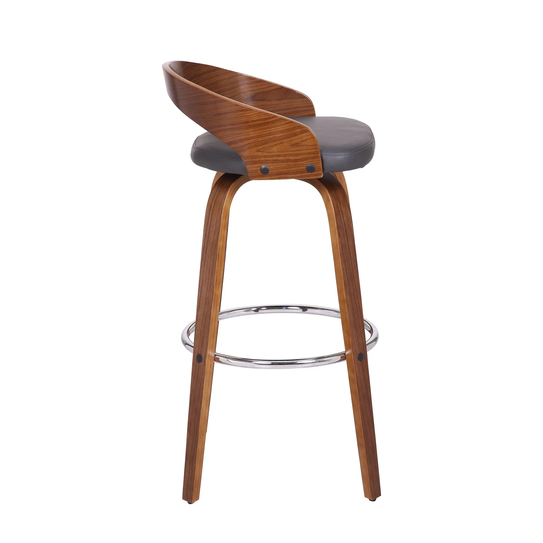 Sonia 30" Bar Height Swivel Gray Faux Leather and Walnut Wood Bar Stool - Image 3