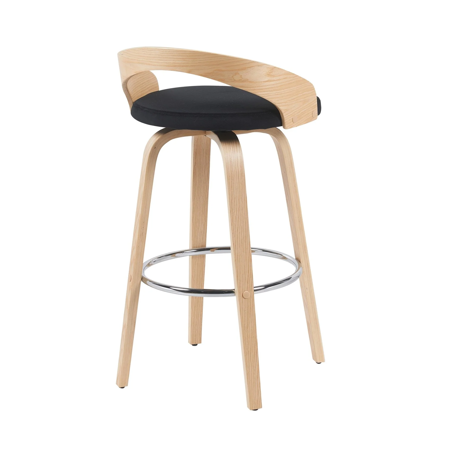 Sonia Modern Swivel Bar Height Stool with Black Upholstered Seat and Patterned Oak Wood Finish - Image 3