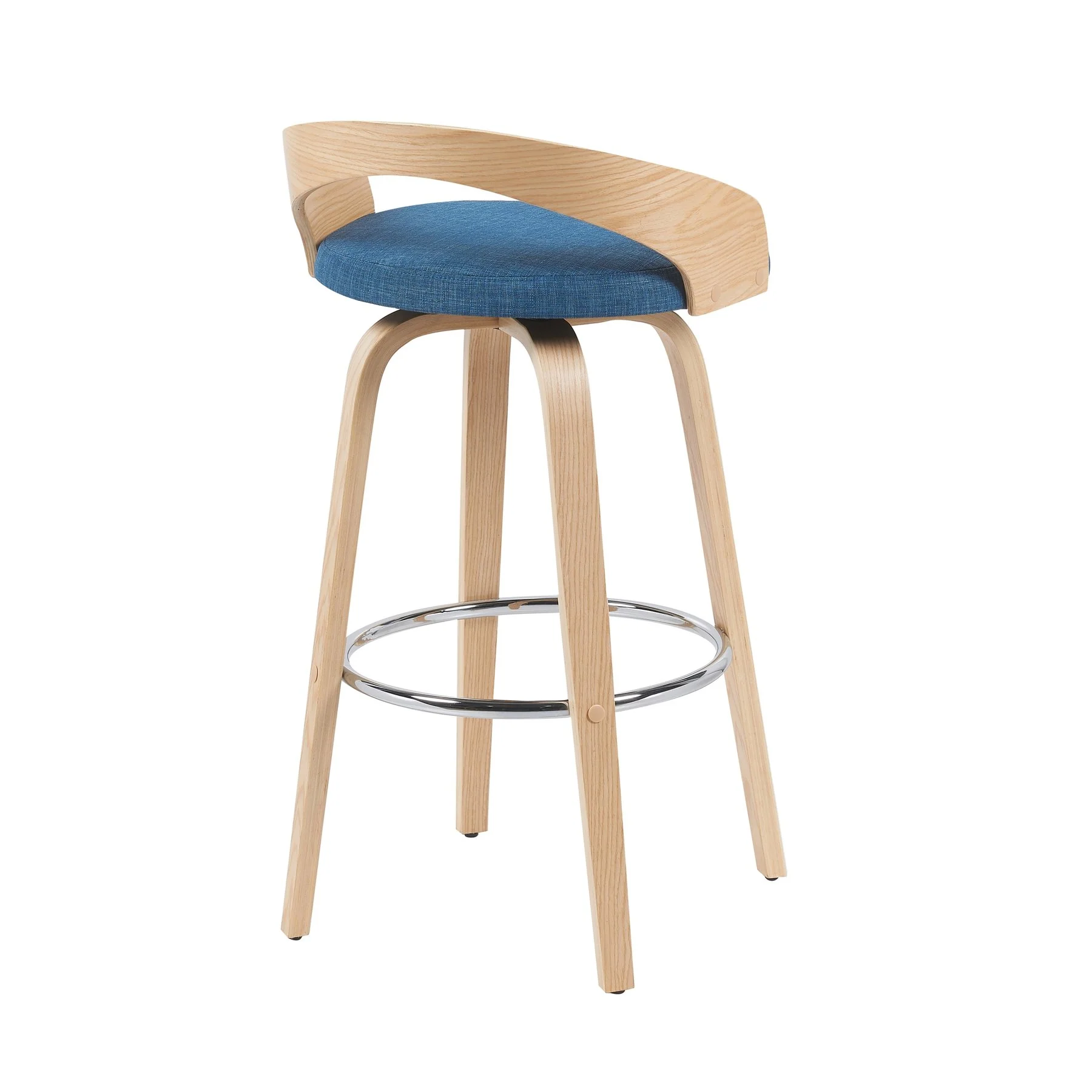 Sonia Modern Swivel Bar Height Stool with Blue Upholstered Seat and Patterned Oak Wood Finish - Image 3