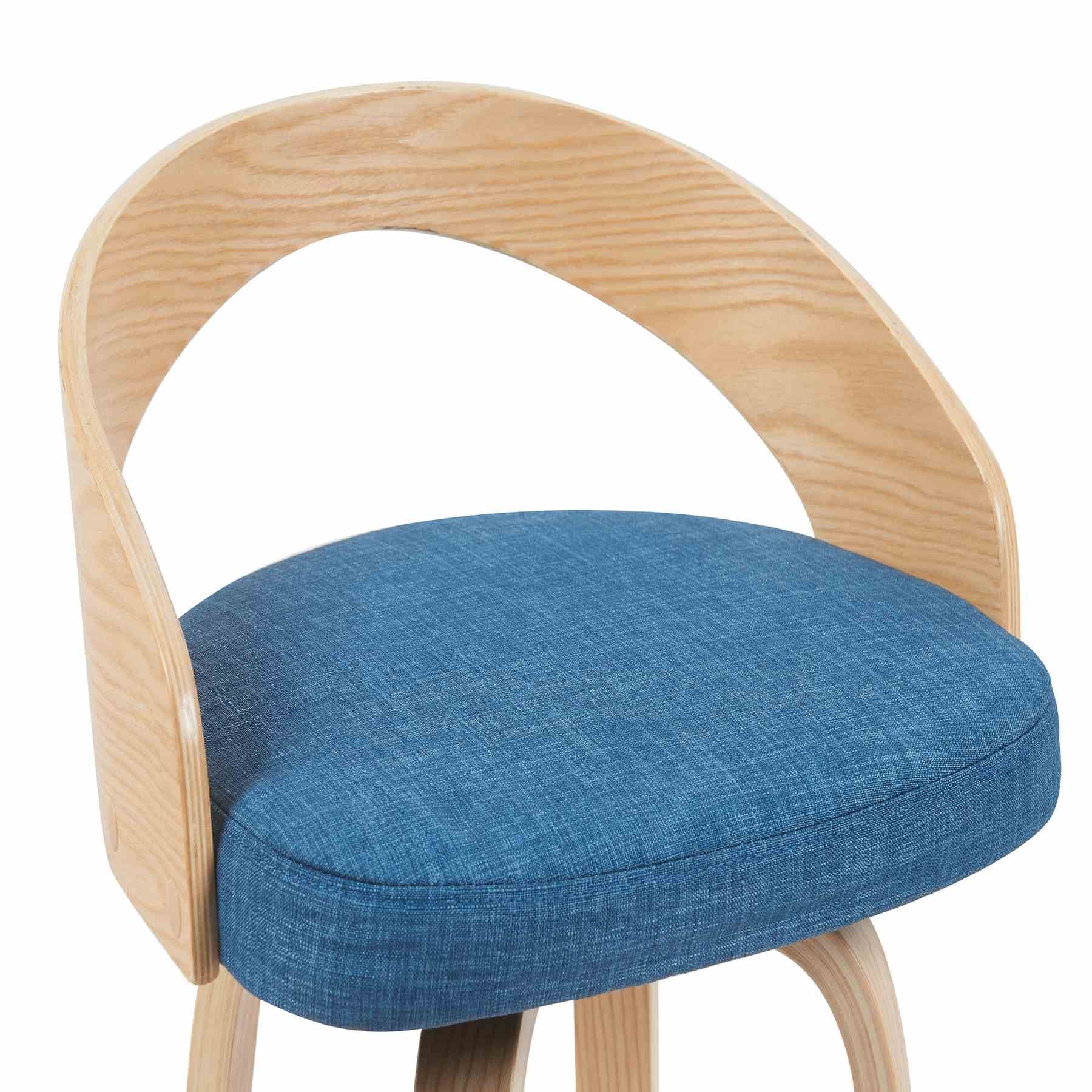 Sonia Modern Swivel Bar Height Stool with Blue Upholstered Seat and Patterned Oak Wood Finish - Image 4