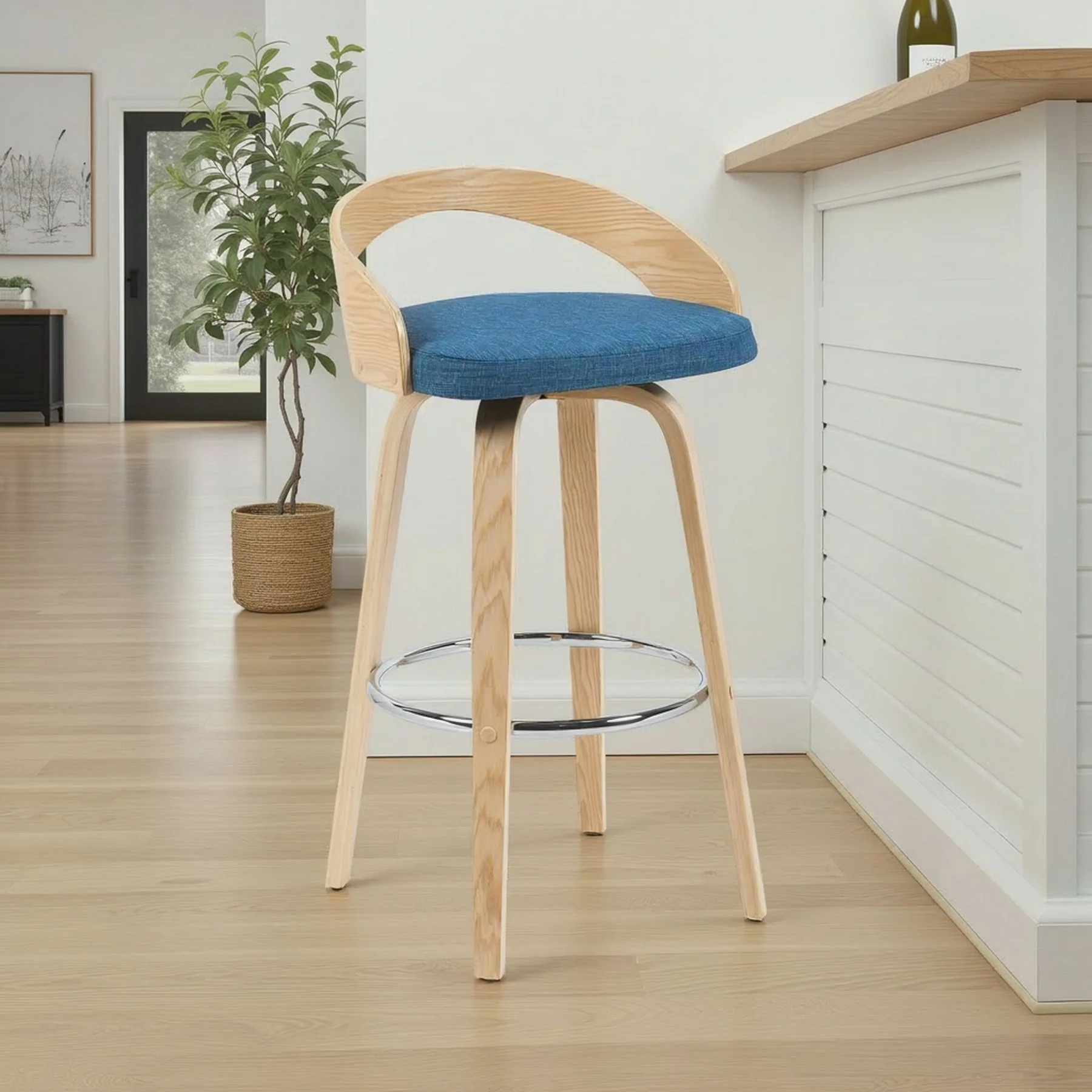 Sonia Modern Swivel Bar Height Stool with Blue Upholstered Seat and Patterned Oak Wood Finish - Image 7