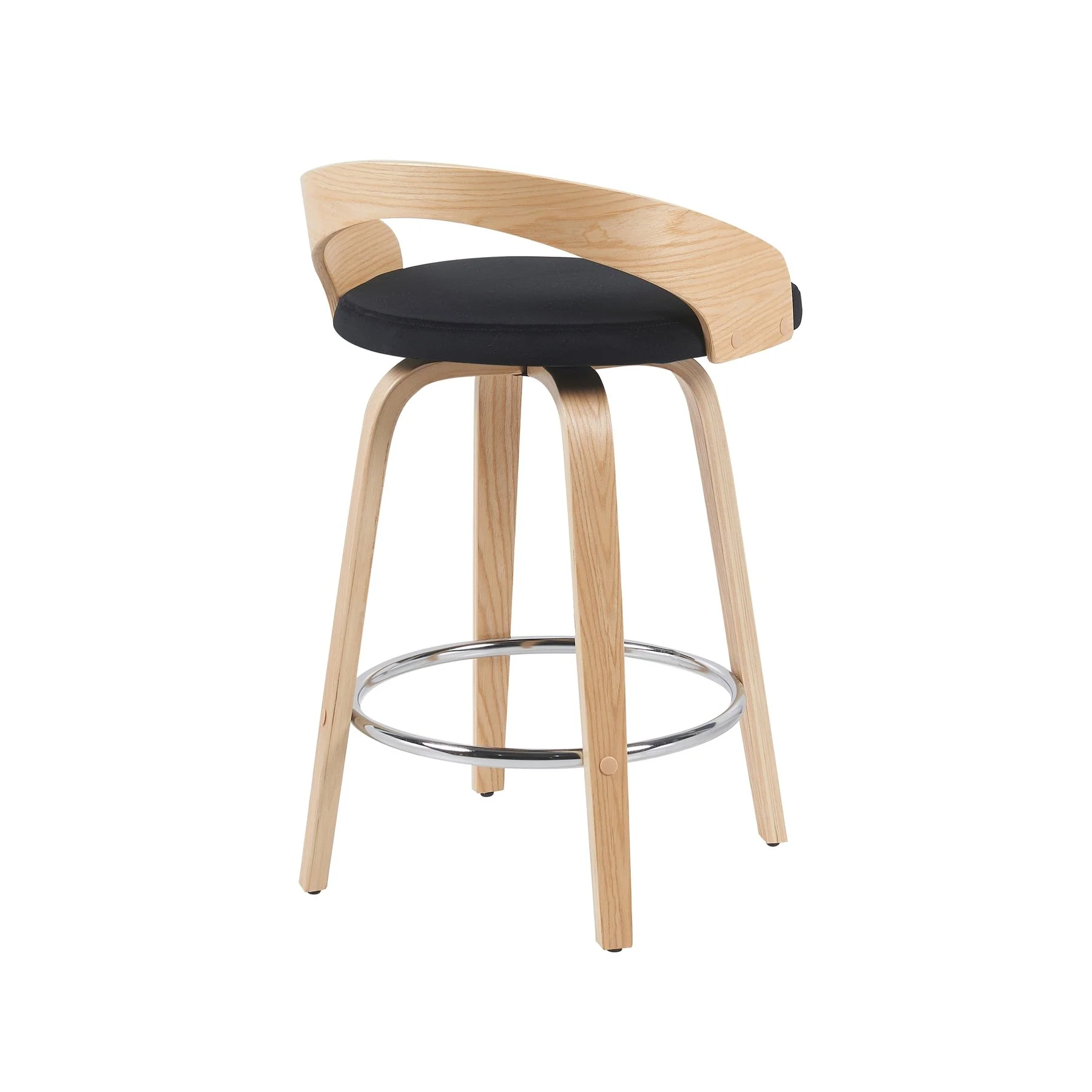 Sonia Modern Swivel Counter Height Bar Stool with Black Upholstered Seat and Patterned Oak Wood Finish - Image 3