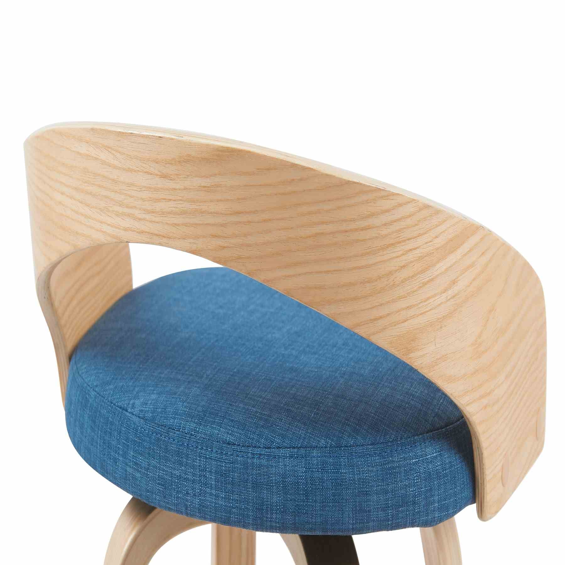 Sonia Modern Swivel Counter Height Bar Stool with Blue Upholstered Seat and Patterned Oak Wood Finish - Image 5