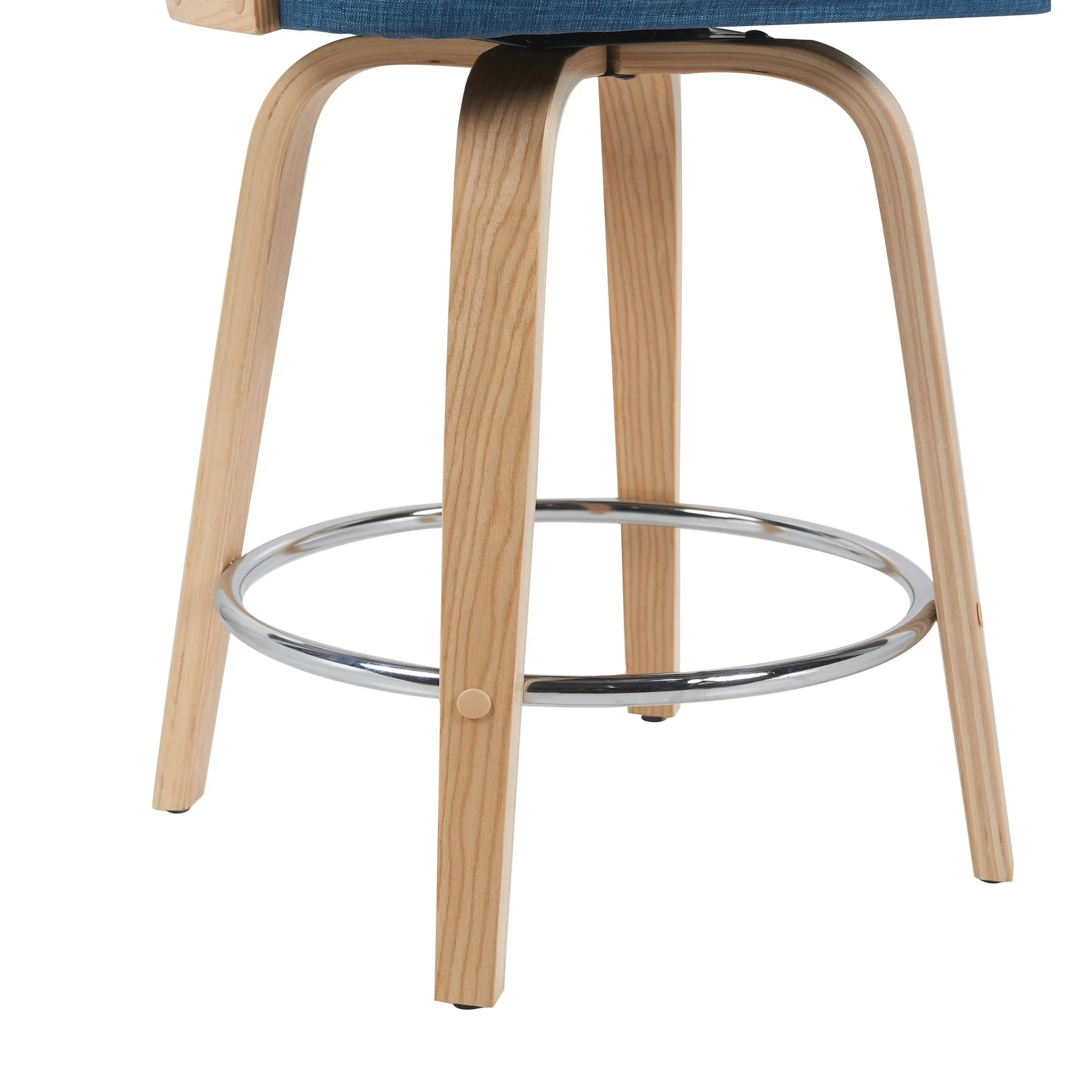 Sonia Modern Swivel Counter Height Bar Stool with Blue Upholstered Seat and Patterned Oak Wood Finish - Image 6