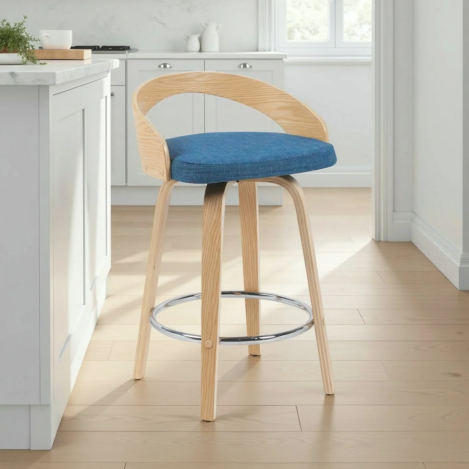 Sonia Modern Swivel Counter Height Bar Stool with Blue Upholstered Seat and Patterned Oak Wood Finish - Image 7