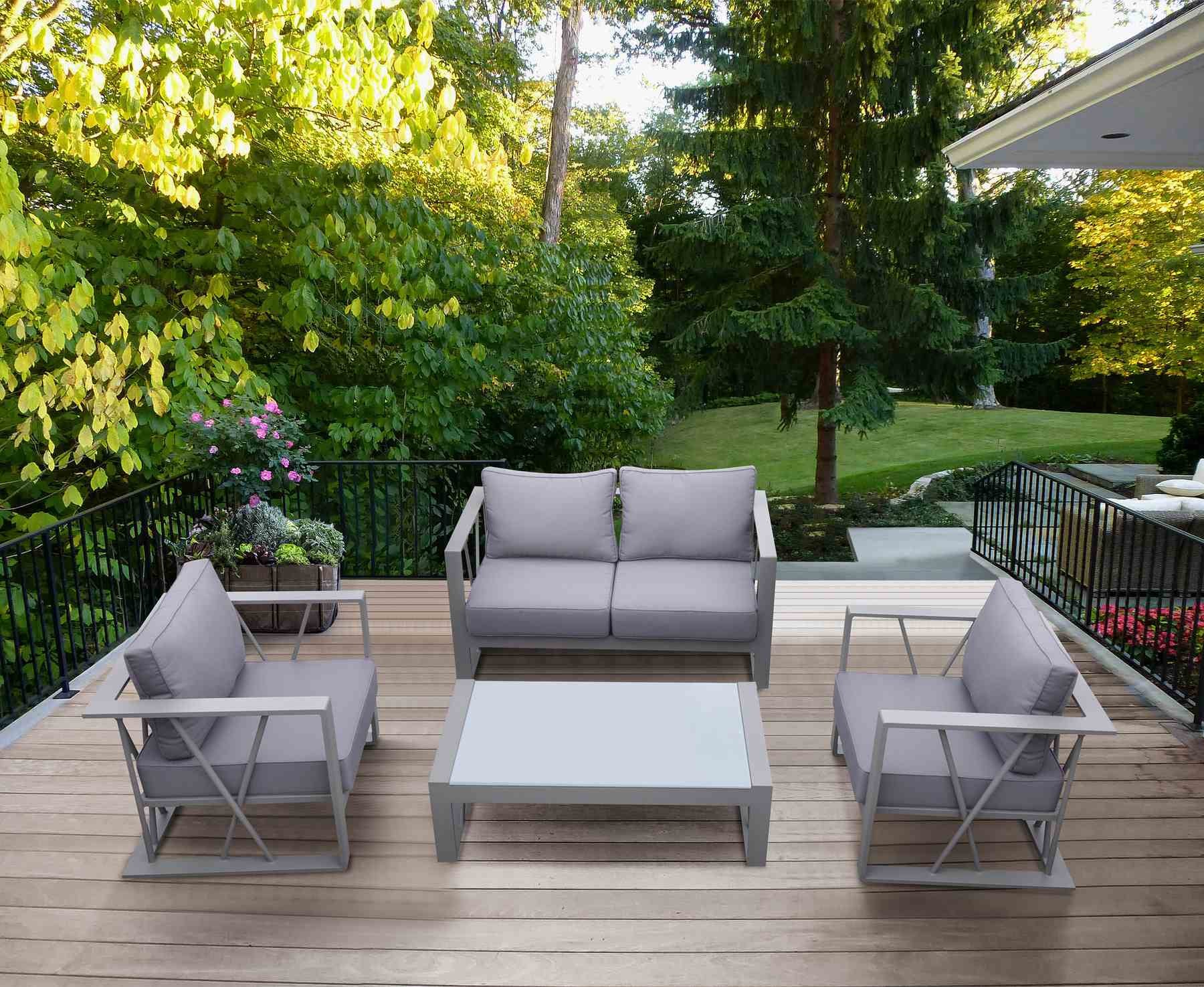 St Barts 4 piece Outdoor Patio Aluminum Set with Gray Fabric Cushions and White Glass Top - Image 9