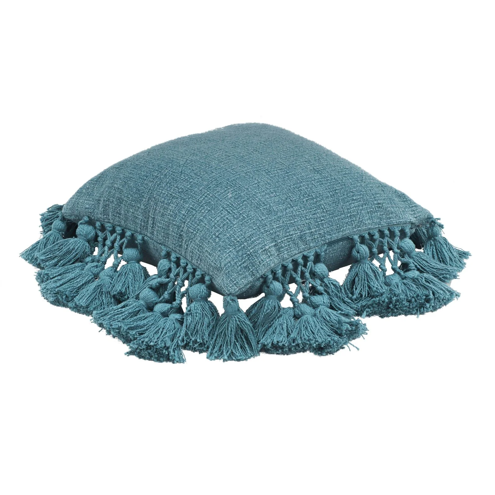 Stone Washed Denim Blue Cotton Tasseled Pillow Cover - Image 3