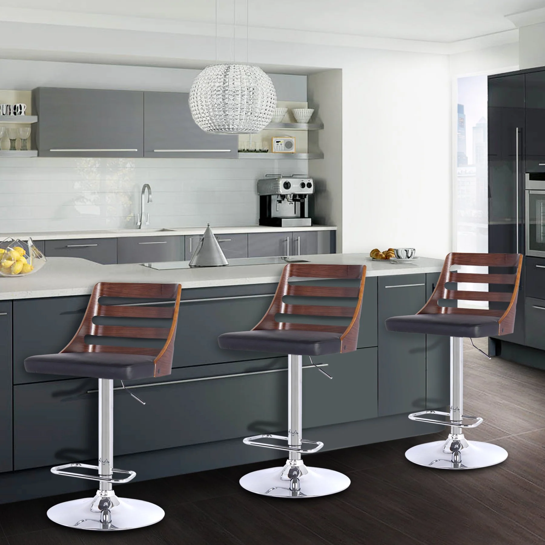 Storm Barstool in Chrome finish with Walnut wood and Black Faux Leather - Image 5