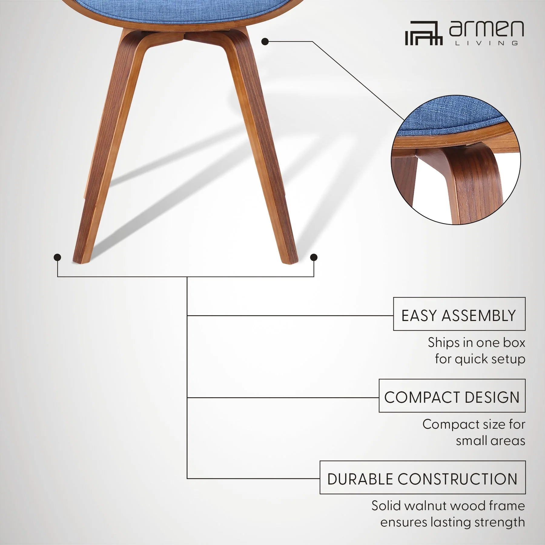 Summer Mid-Century Chair in Blue Fabric with Walnut Wood Finish - Image 10