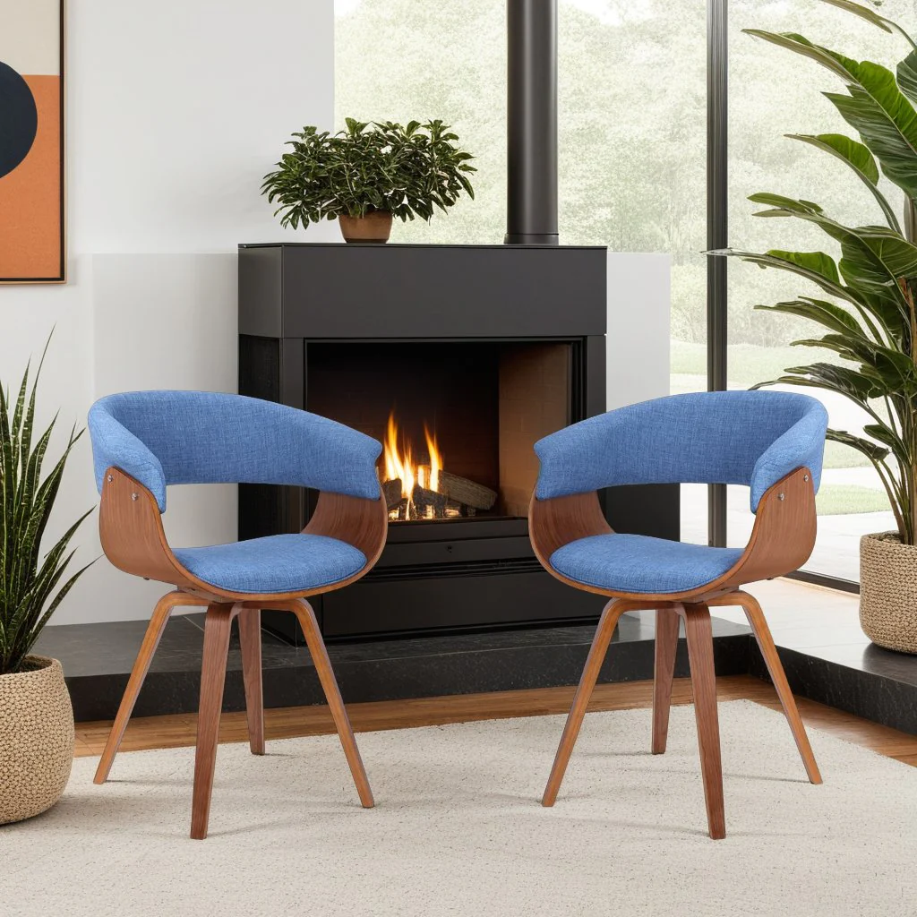 Summer Mid-Century Chair in Blue Fabric with Walnut Wood Finish - Image 8