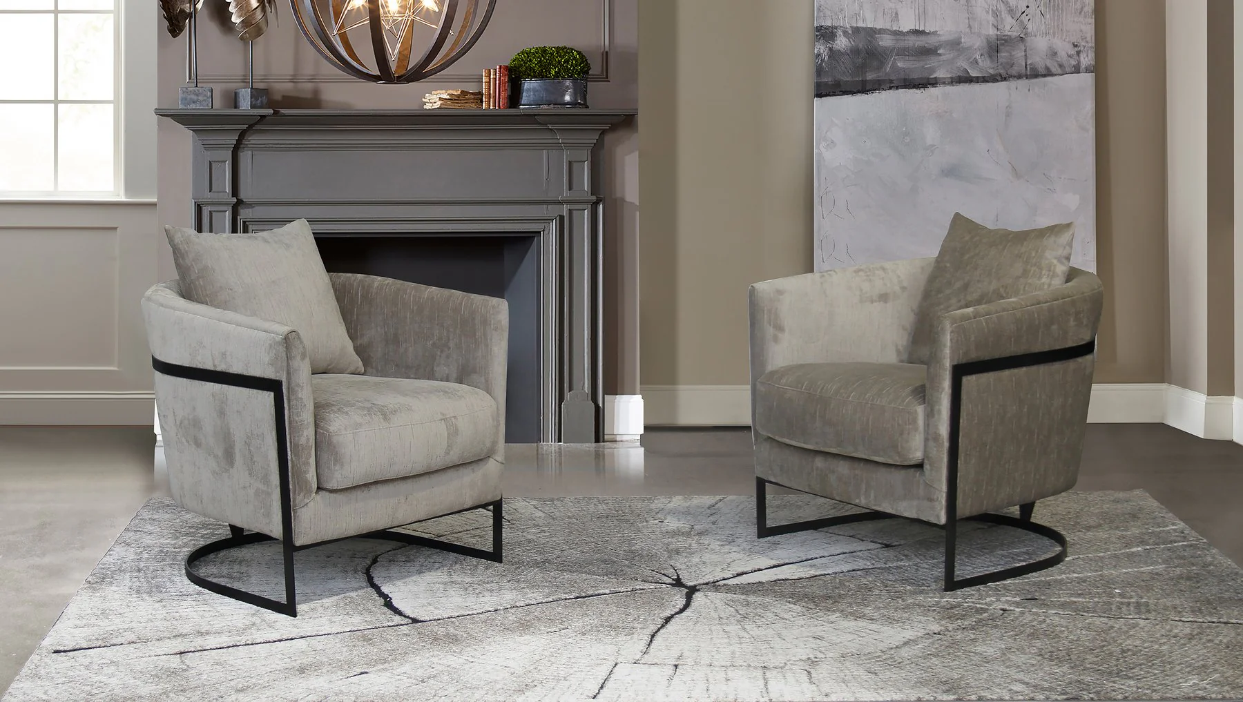 Swan Contemporary Accent Chair with Black Iron Finish and Beige Fabric - Image 3