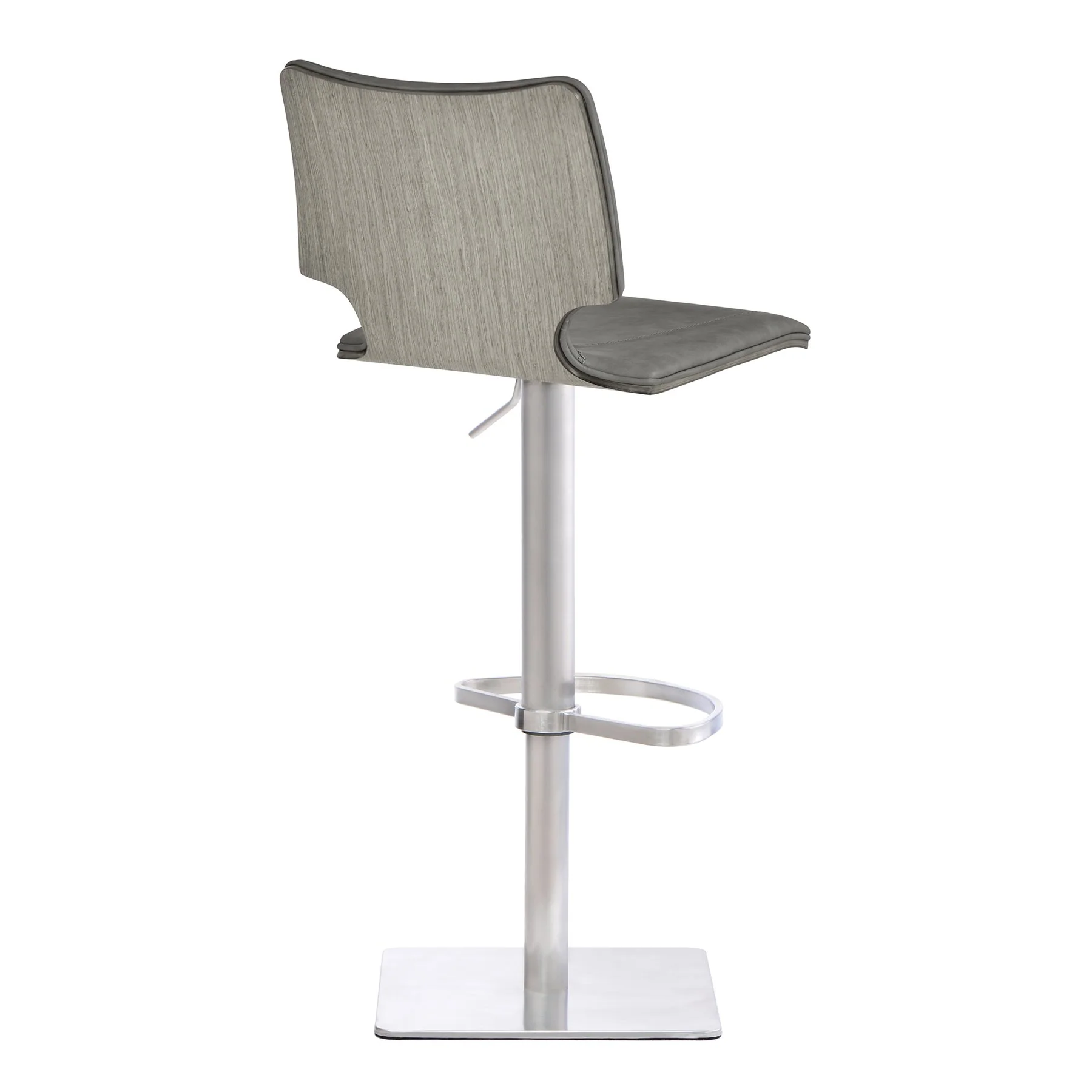 Sydney Adjustable Barstool in Brushed Stainless Steel with Vintage Gray Faux Leather and Gray Walnut Wood Back - Image 3