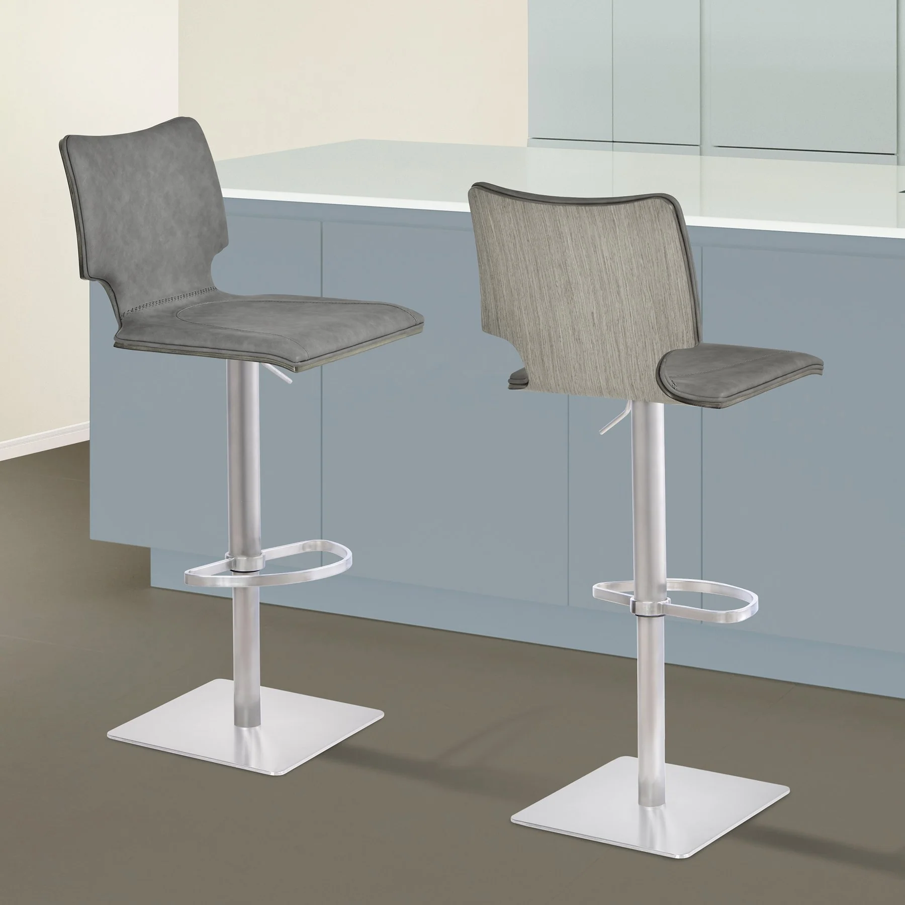 Sydney Adjustable Barstool in Brushed Stainless Steel with Vintage Gray Faux Leather and Gray Walnut Wood Back - Image 7