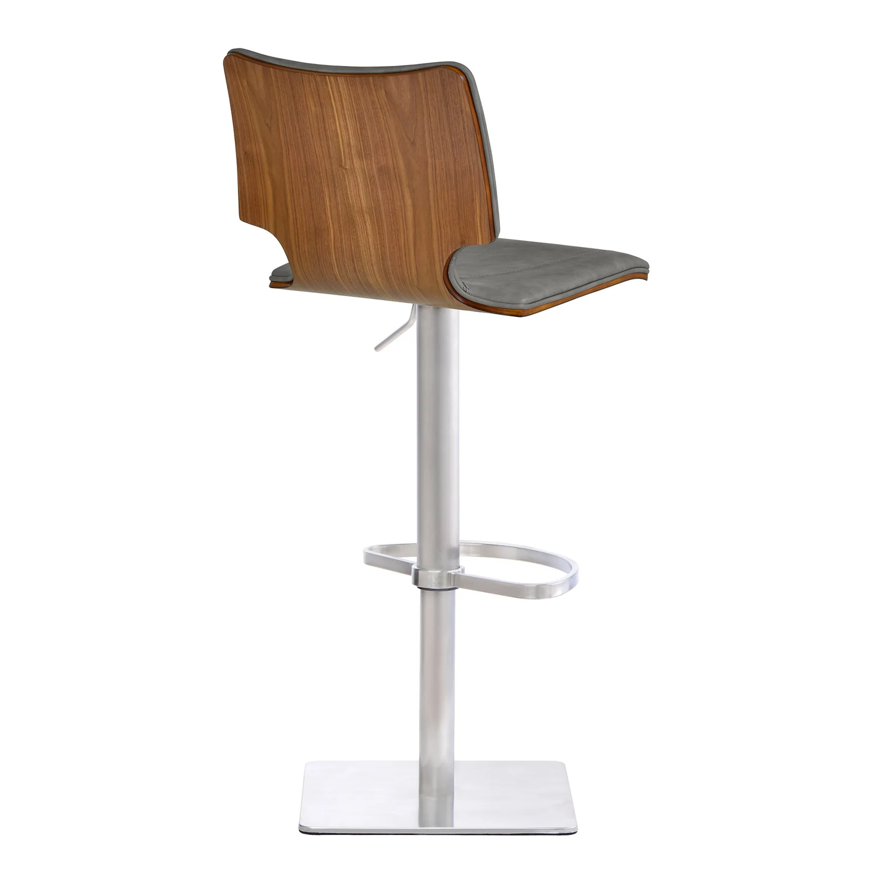 Sydney Adjustable Barstool in Brushed Stainless Steel with Vintage Gray Faux Leather and Walnut Wood Back - Image 3