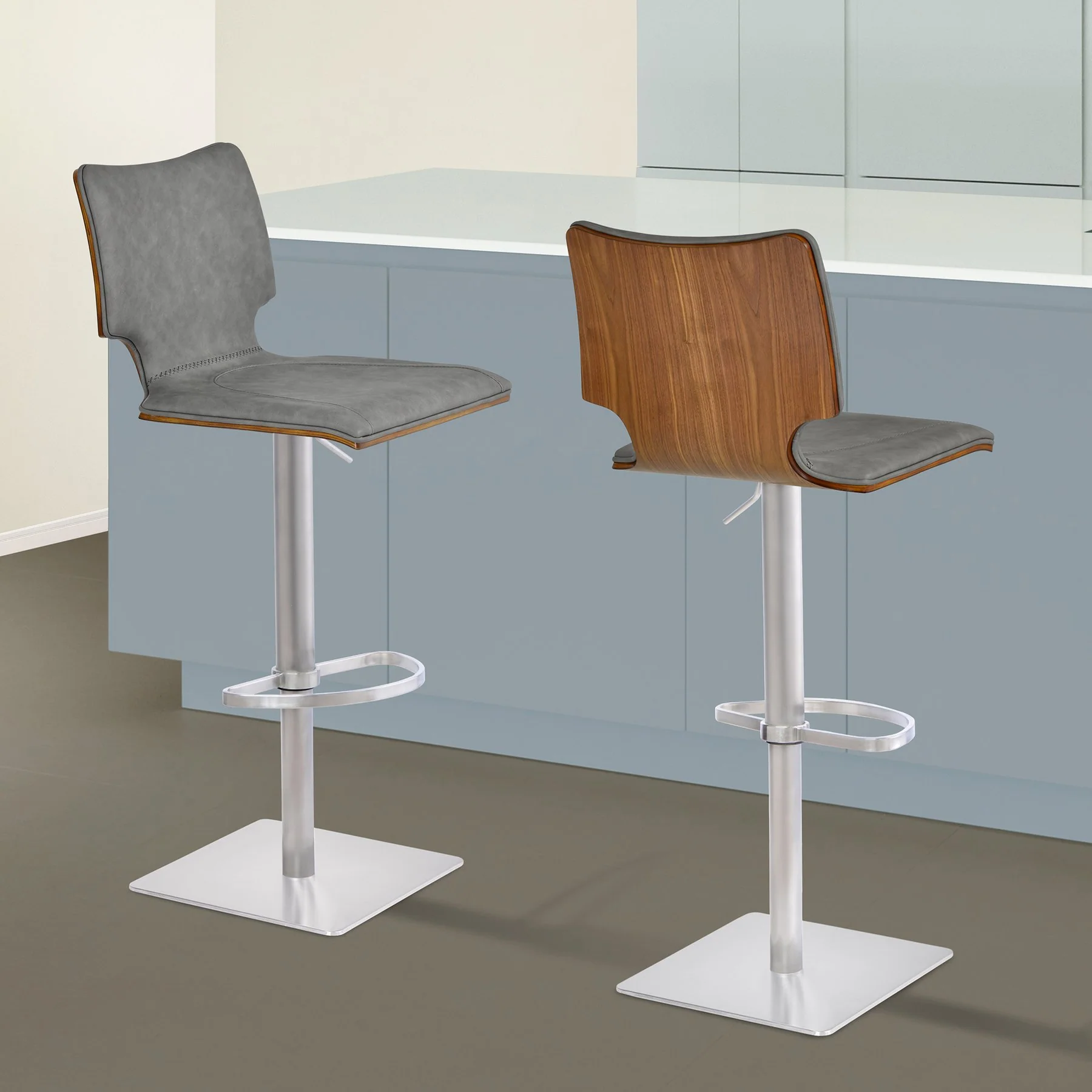 Sydney Adjustable Barstool in Brushed Stainless Steel with Vintage Gray Faux Leather and Walnut Wood Back - Image 8