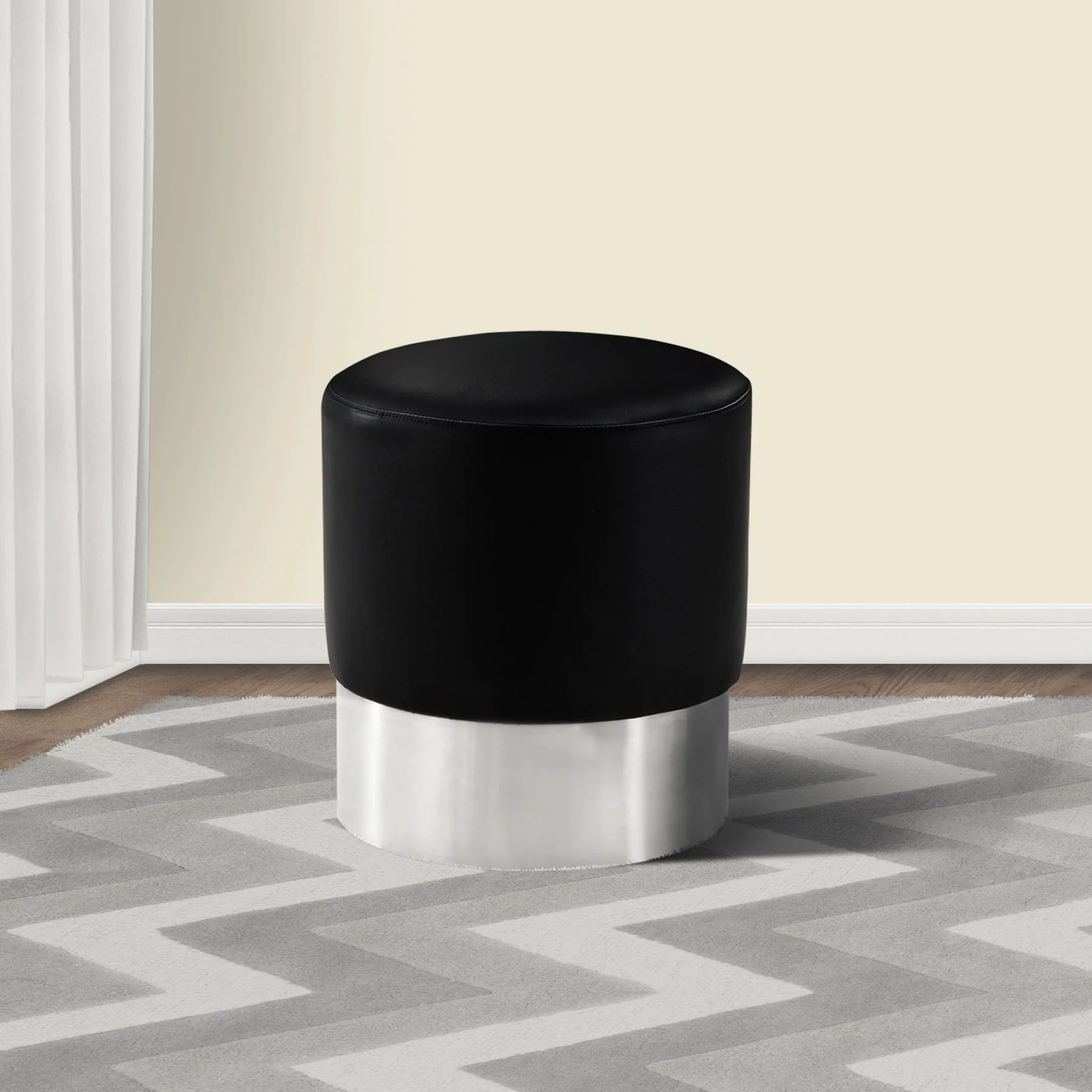 Tabitha Contemporary Round Ottoman in Brushed Stainless Steel with Black Faux Leather - Image 2