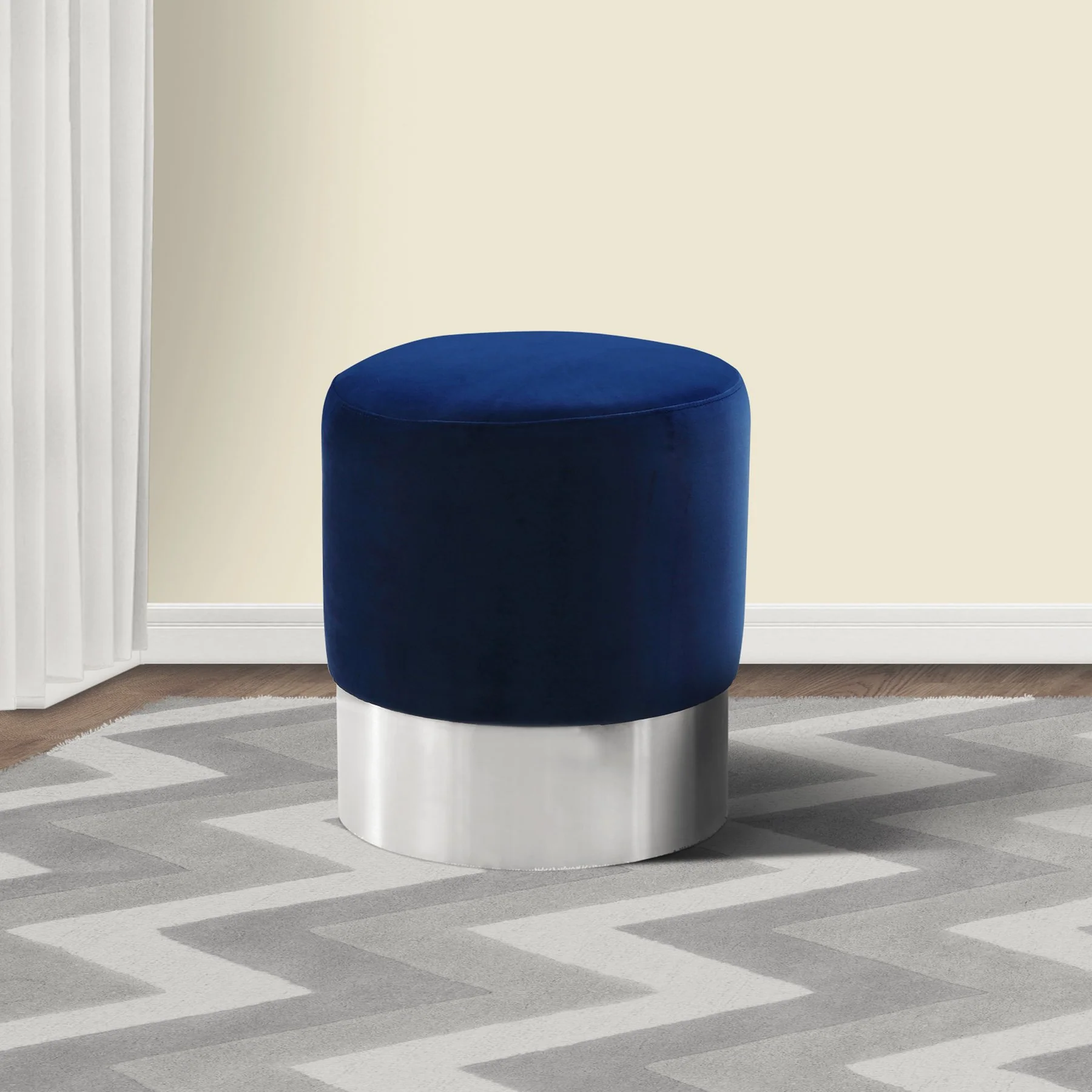 Tabitha Contemporary Round Ottoman in Brushed Stainless Steel with Blue Velvet - Image 2